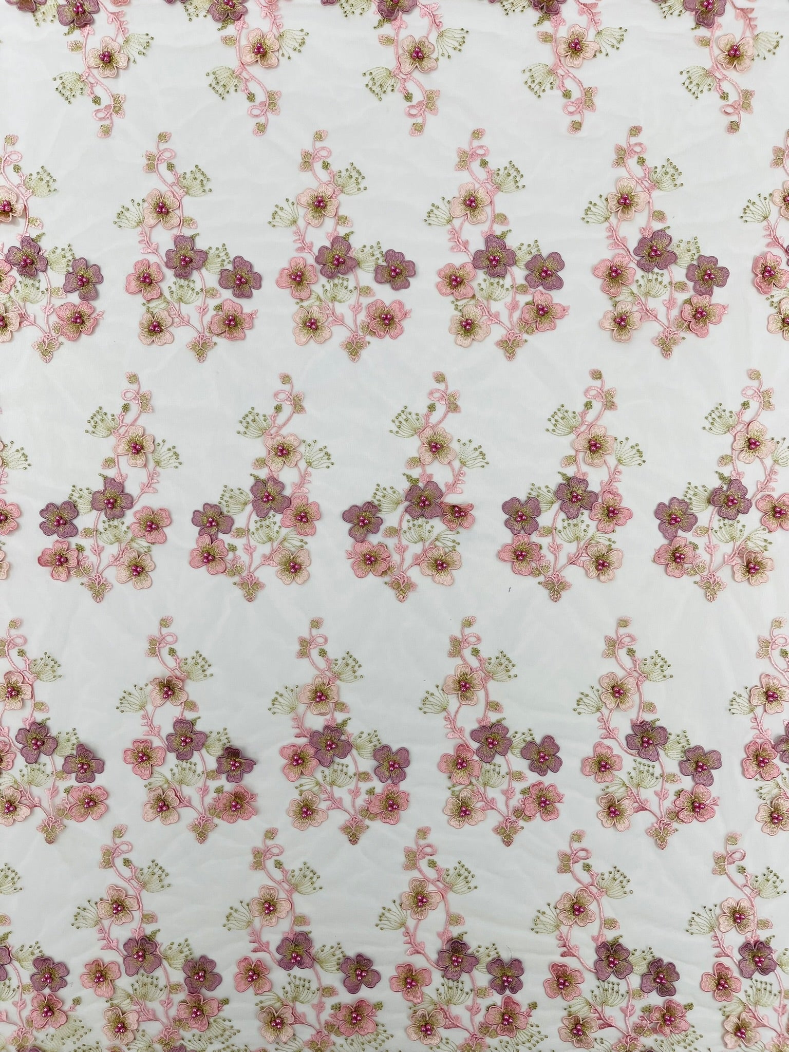 Multi Color 3D Floral Design Embroider with Pearls in a Mesh Lace Fabric| New Creations Fabric & Foam Inc. - New Creations Fabric & Foam Inc