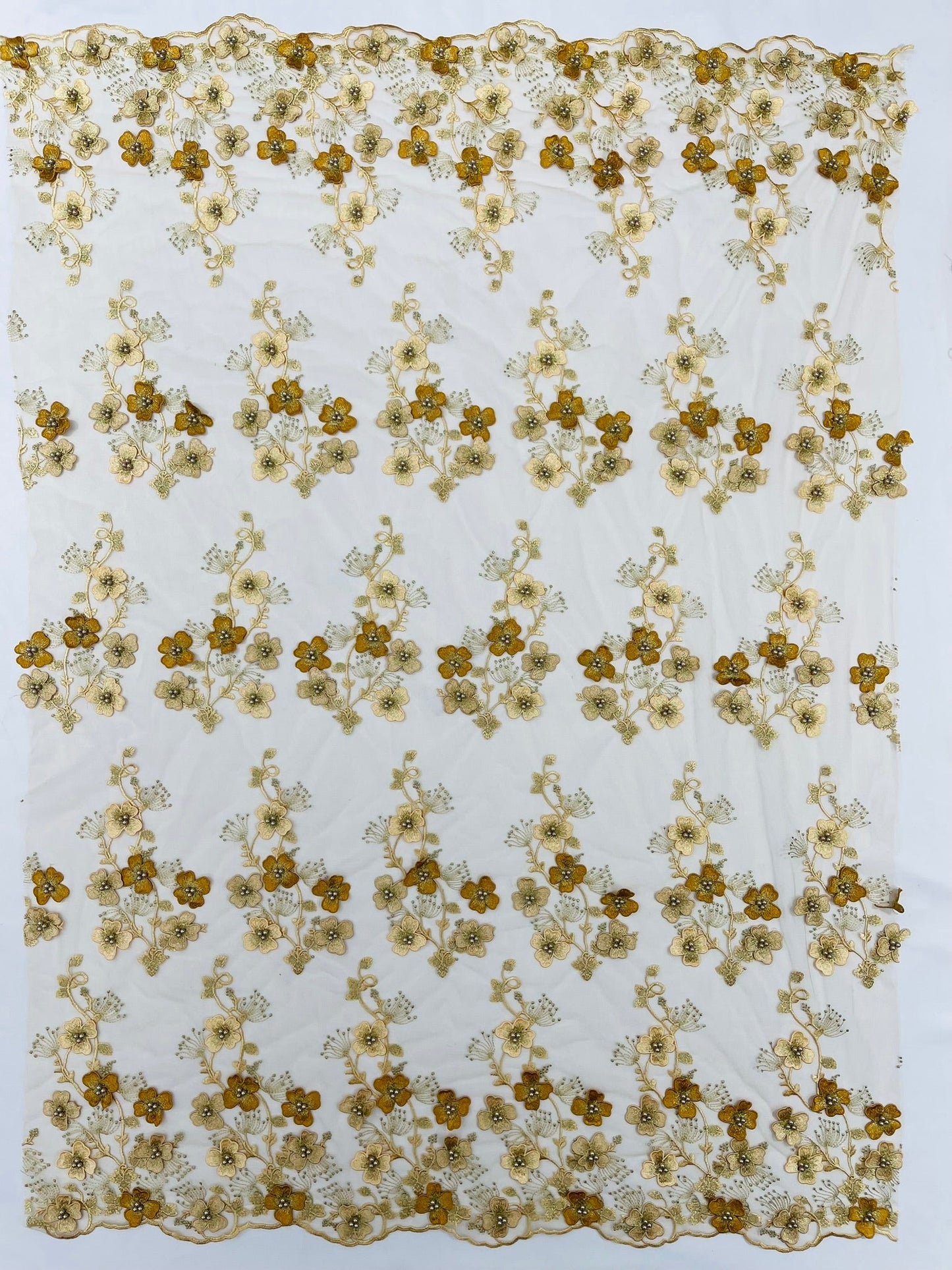 Multi Color 3D Floral Design Embroider with Pearls in a Mesh Lace Fabric| New Creations Fabric & Foam Inc. - New Creations Fabric & Foam Inc