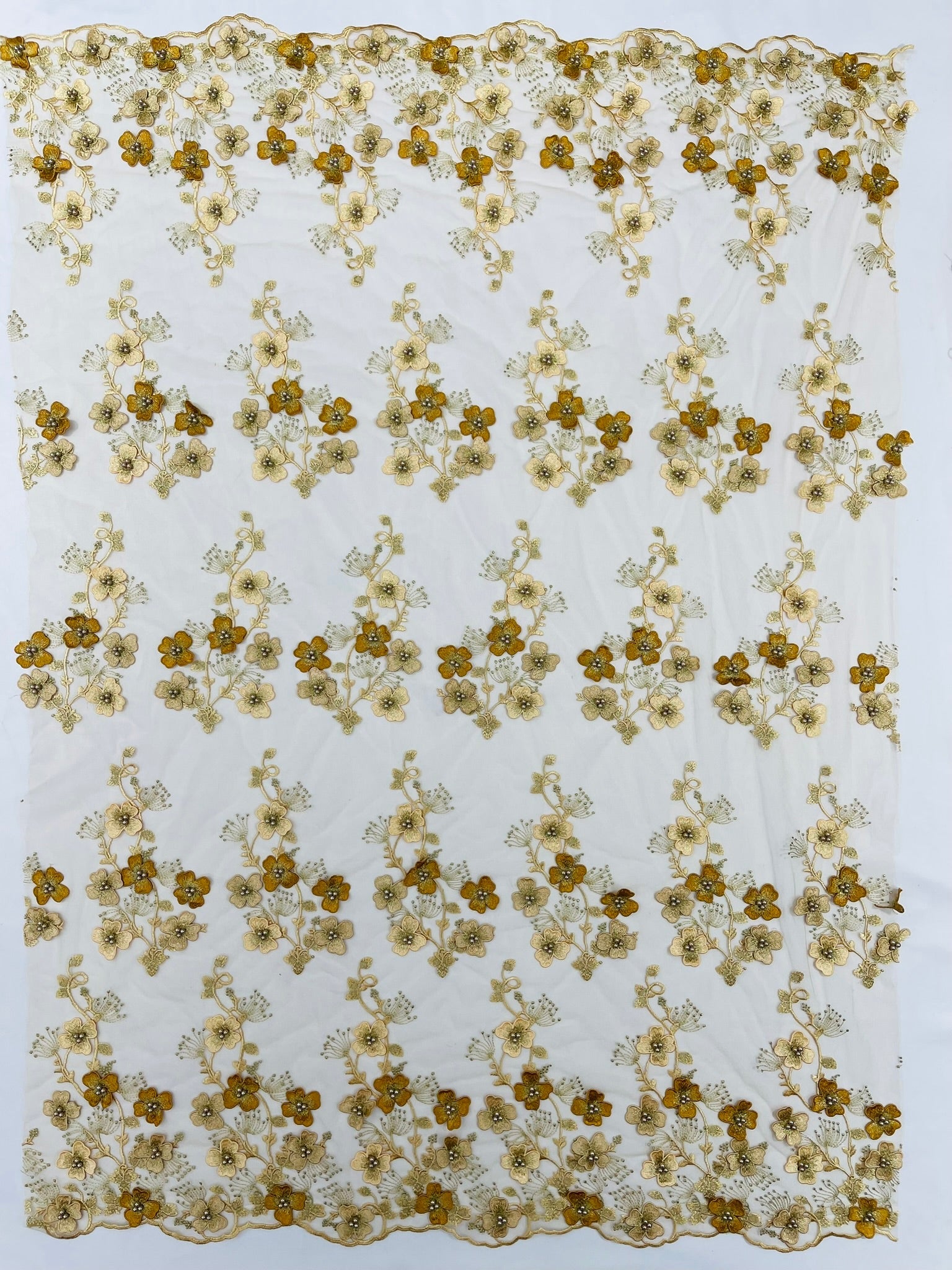 Multi Color 3D Floral Design Embroider with Pearls in a Mesh Lace Fabric| New Creations Fabric & Foam Inc. - New Creations Fabric & Foam Inc