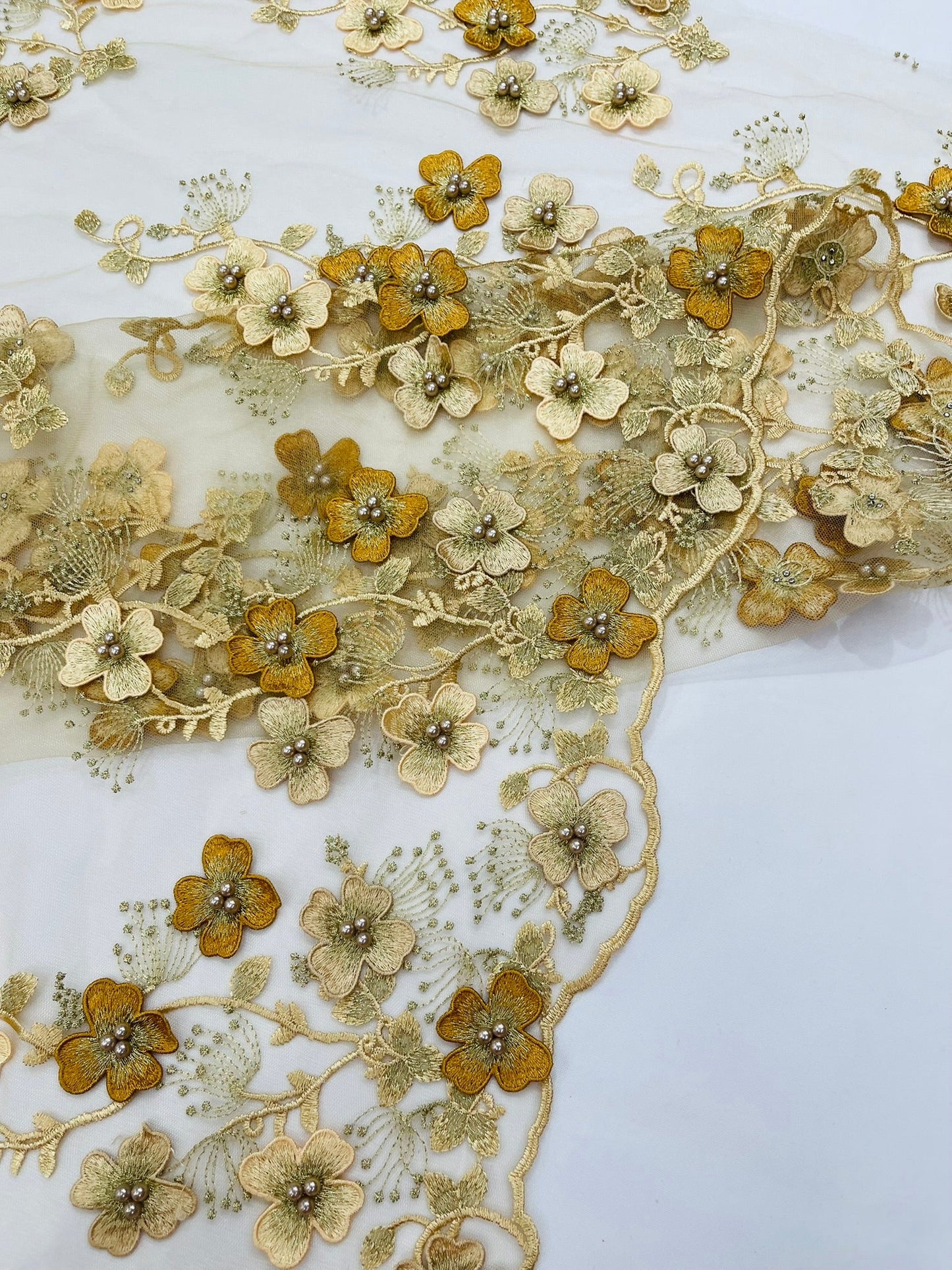 Multi Color 3D Floral Design Embroider with Pearls in a Mesh Lace Fabric| New Creations Fabric & Foam Inc. - New Creations Fabric & Foam Inc