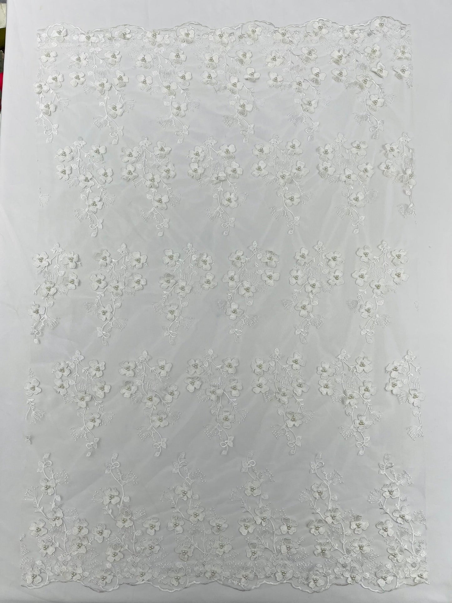 Multi Color 3D Floral Design Embroider with Pearls in a Mesh Lace Fabric| New Creations Fabric & Foam Inc. - New Creations Fabric & Foam Inc