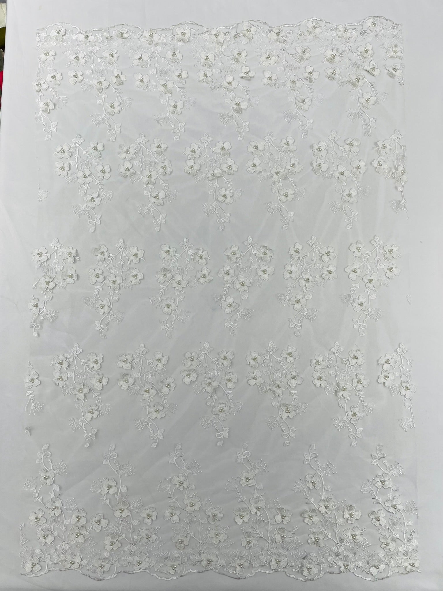 Multi Color 3D Floral Design Embroider with Pearls in a Mesh Lace Fabric| New Creations Fabric & Foam Inc. - New Creations Fabric & Foam Inc