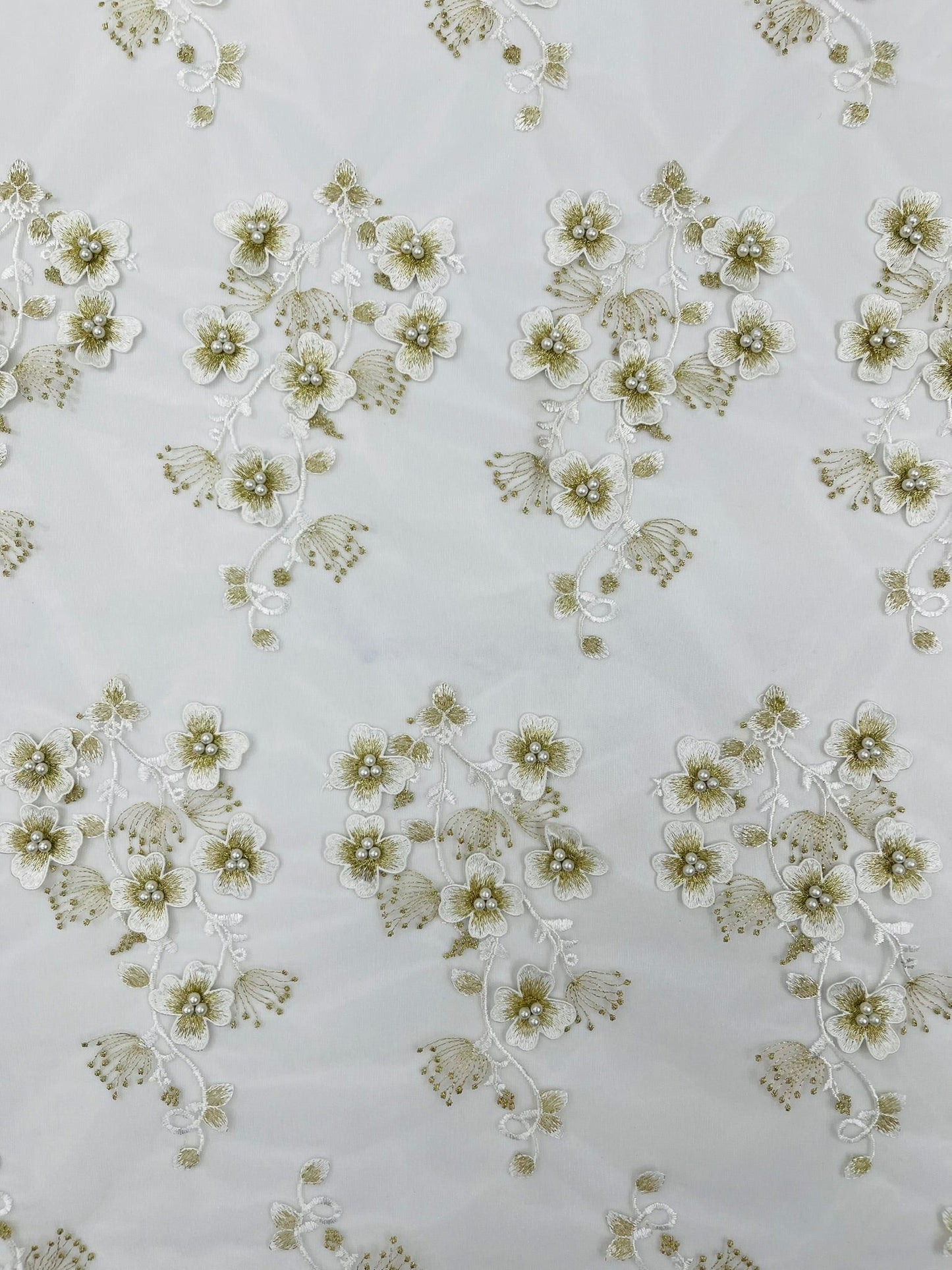 Multi Color 3D Floral Design Embroider with Pearls in a Mesh Lace Fabric| New Creations Fabric & Foam Inc. - New Creations Fabric & Foam Inc