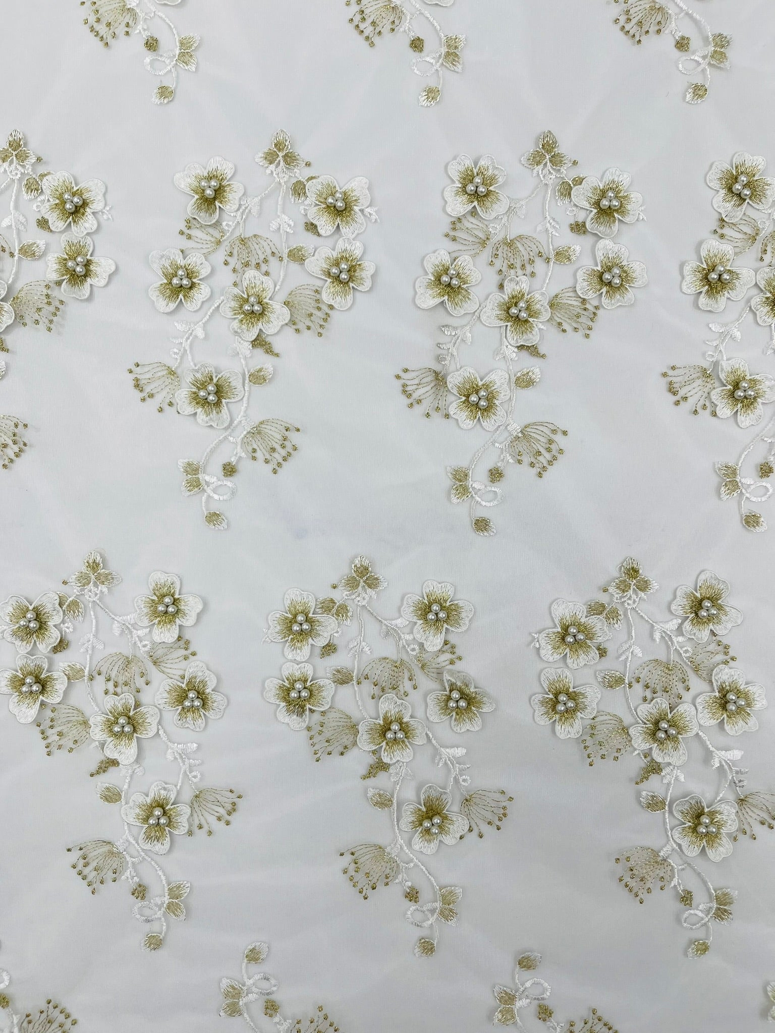 Multi Color 3D Floral Design Embroider with Pearls in a Mesh Lace Fabric| New Creations Fabric & Foam Inc. - New Creations Fabric & Foam Inc