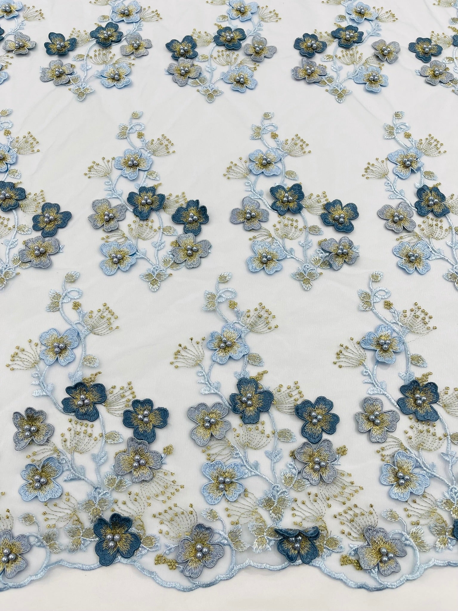 Multi Color 3D Floral Design Embroider with Pearls in a Mesh Lace Fabric| New Creations Fabric & Foam Inc. - New Creations Fabric & Foam Inc