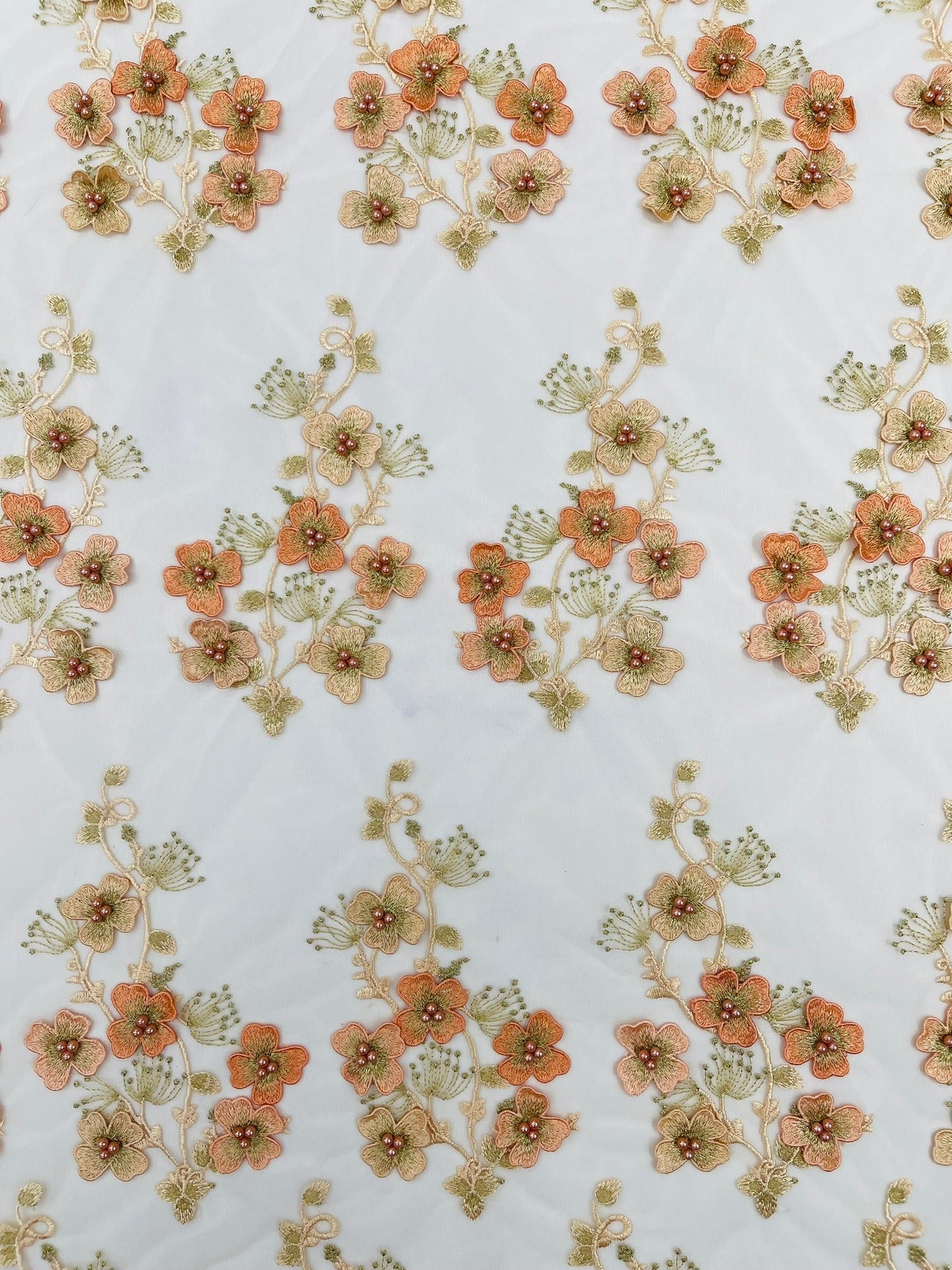 Multi Color 3D Floral Design Embroider with Pearls in a Mesh Lace Fabric| New Creations Fabric & Foam Inc. - New Creations Fabric & Foam Inc