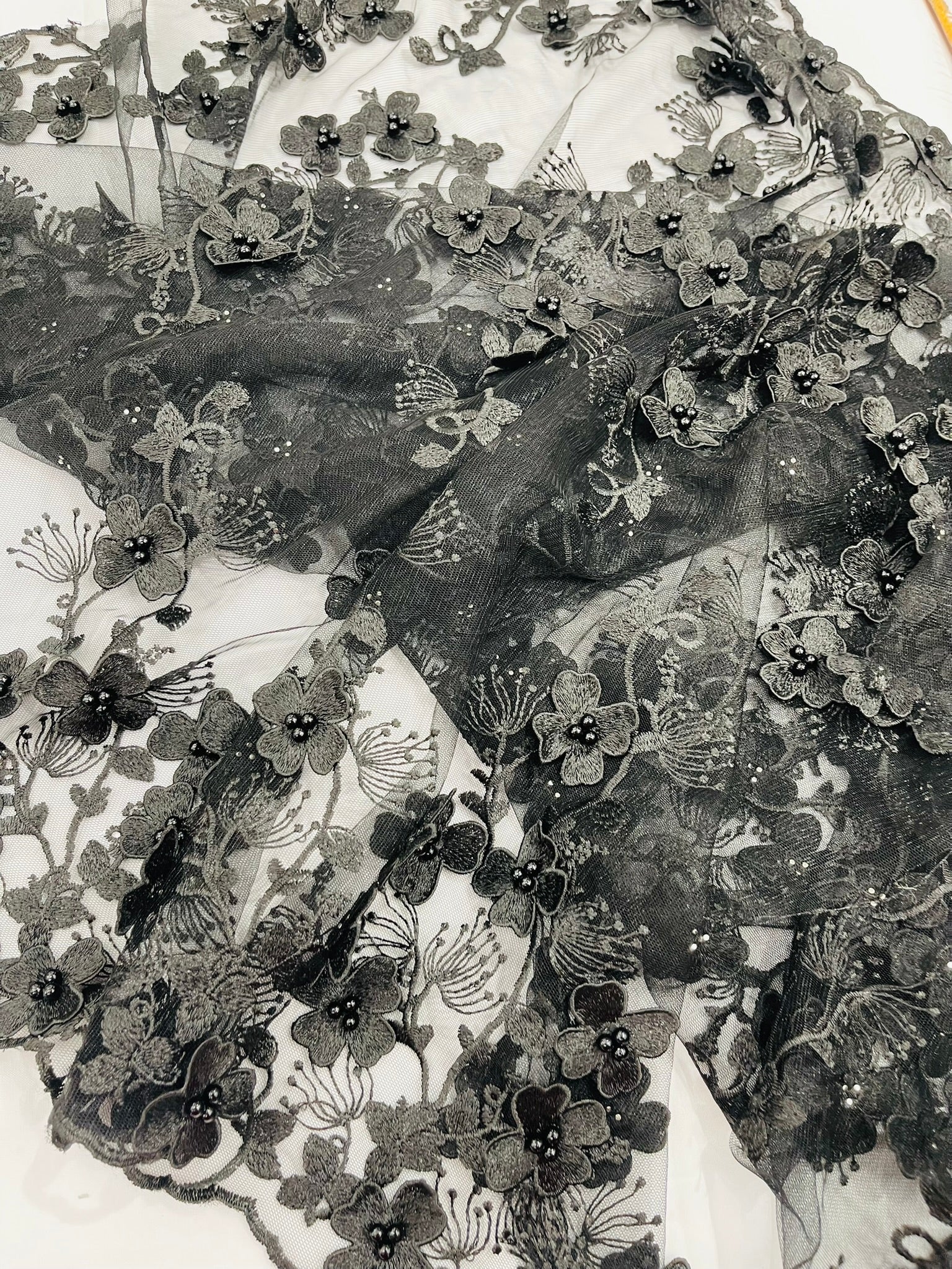 Multi Color 3D Floral Design Embroider with Pearls in a Mesh Lace Fabric| New Creations Fabric & Foam Inc. - New Creations Fabric & Foam Inc