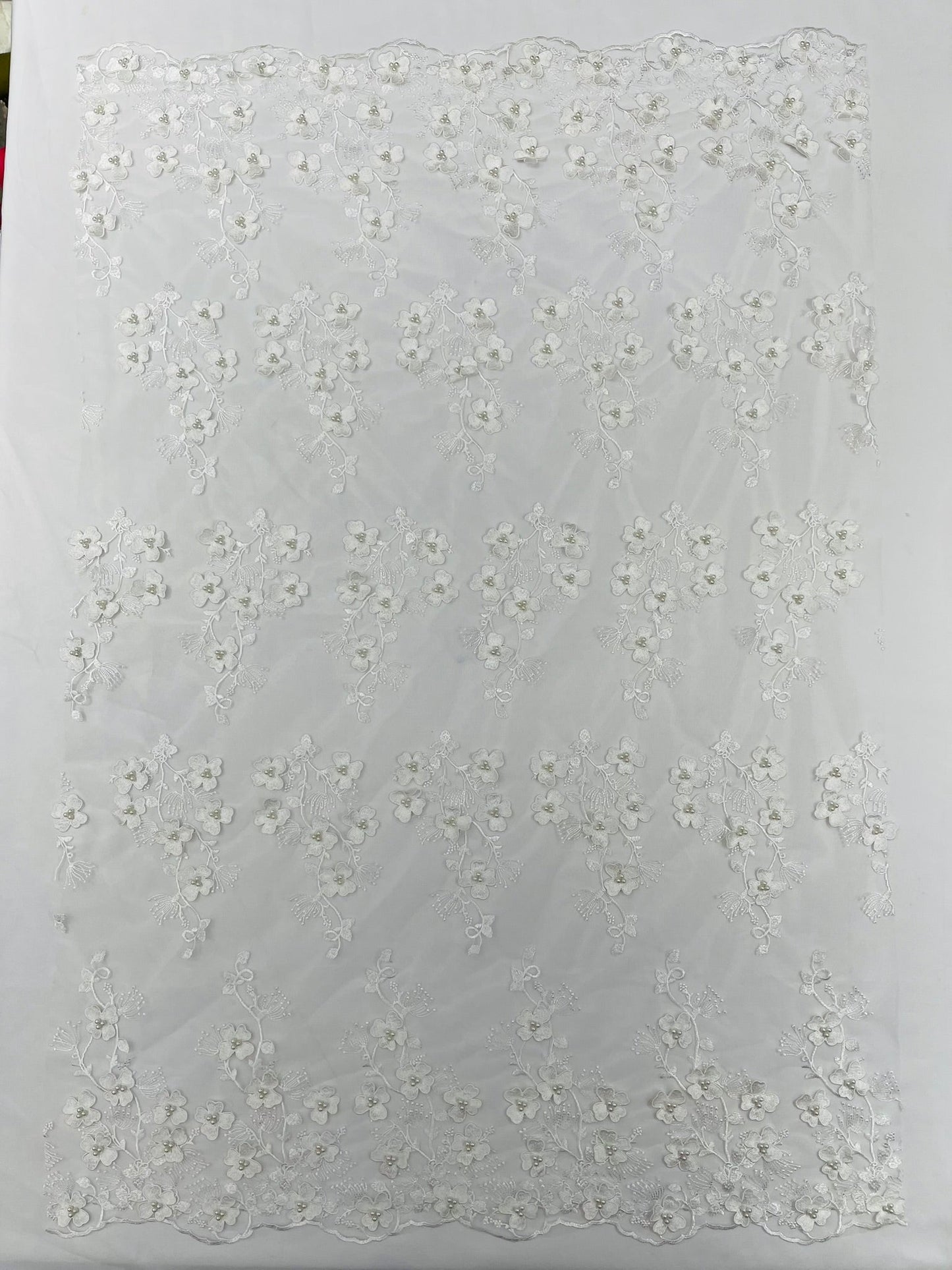 Multi Color 3D Floral Design Embroider with Pearls in a Mesh Lace Fabric| New Creations Fabric & Foam Inc. - New Creations Fabric & Foam Inc