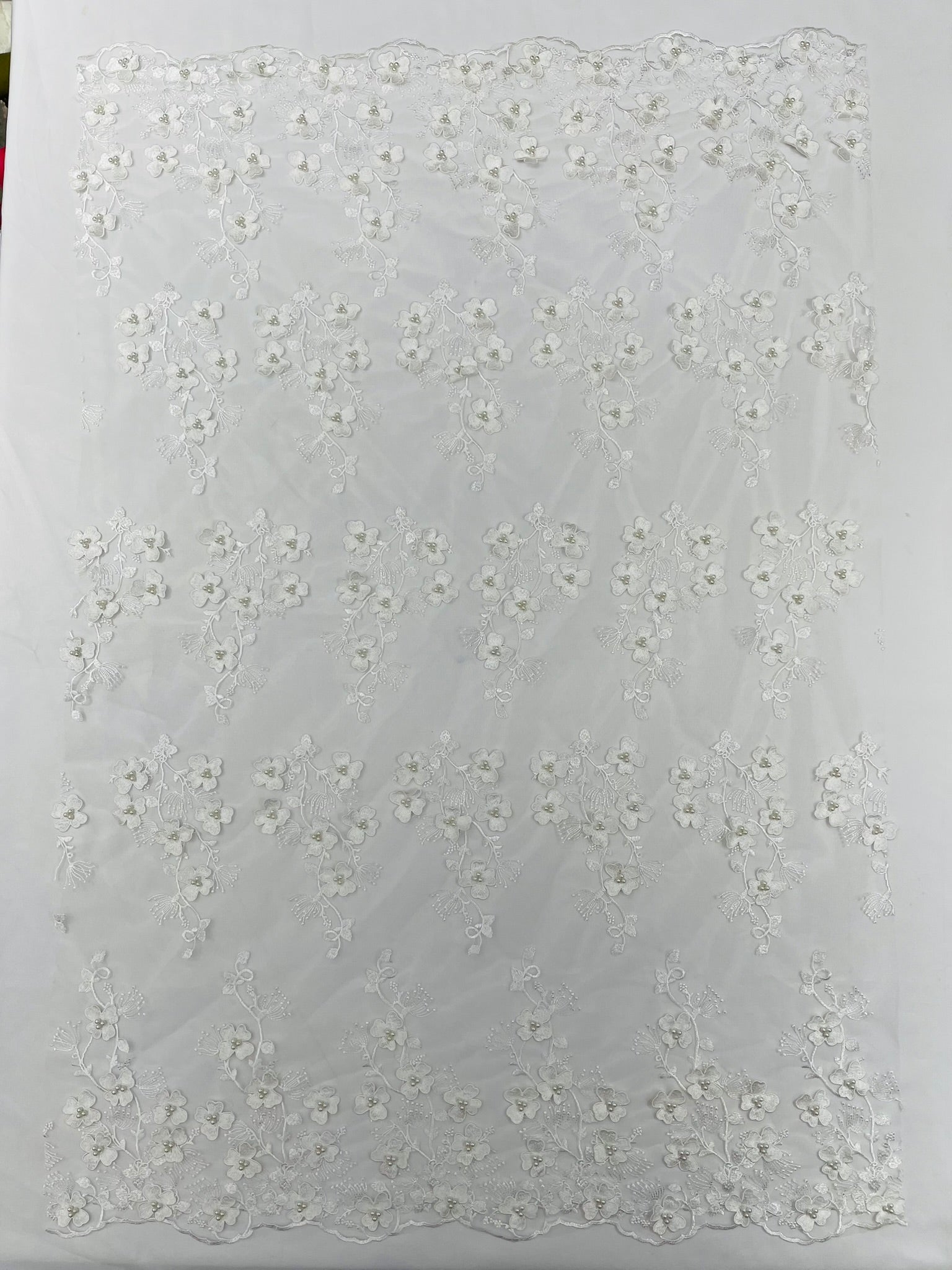 Multi Color 3D Floral Design Embroider with Pearls in a Mesh Lace Fabric| New Creations Fabric & Foam Inc. - New Creations Fabric & Foam Inc