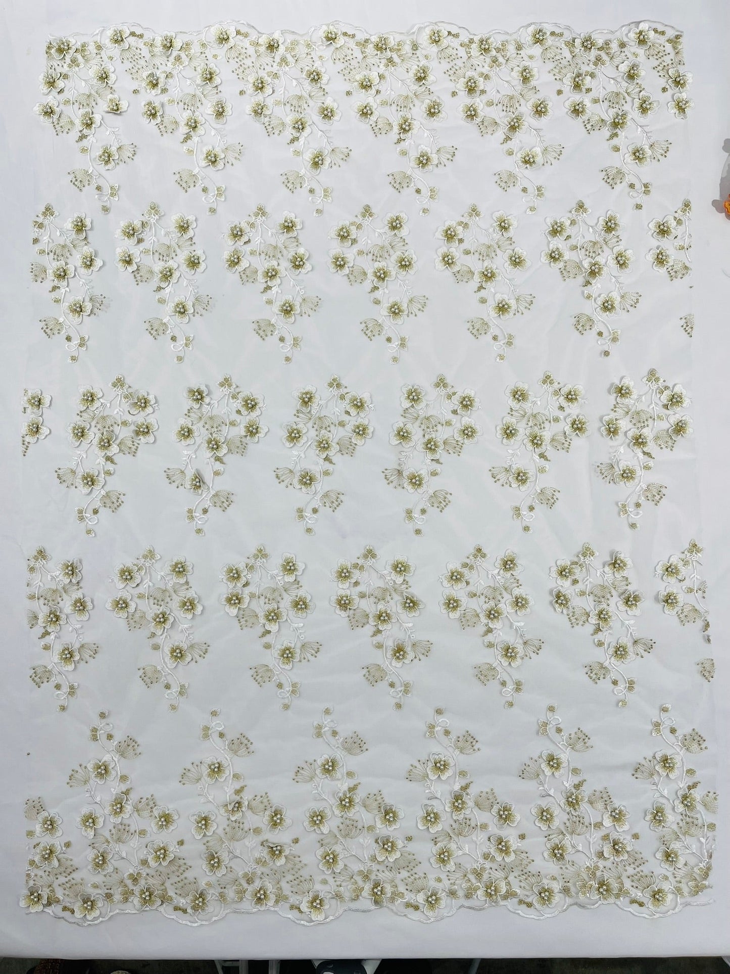 Multi Color 3D Floral Design Embroider with Pearls in a Mesh Lace Fabric| New Creations Fabric & Foam Inc. - New Creations Fabric & Foam Inc