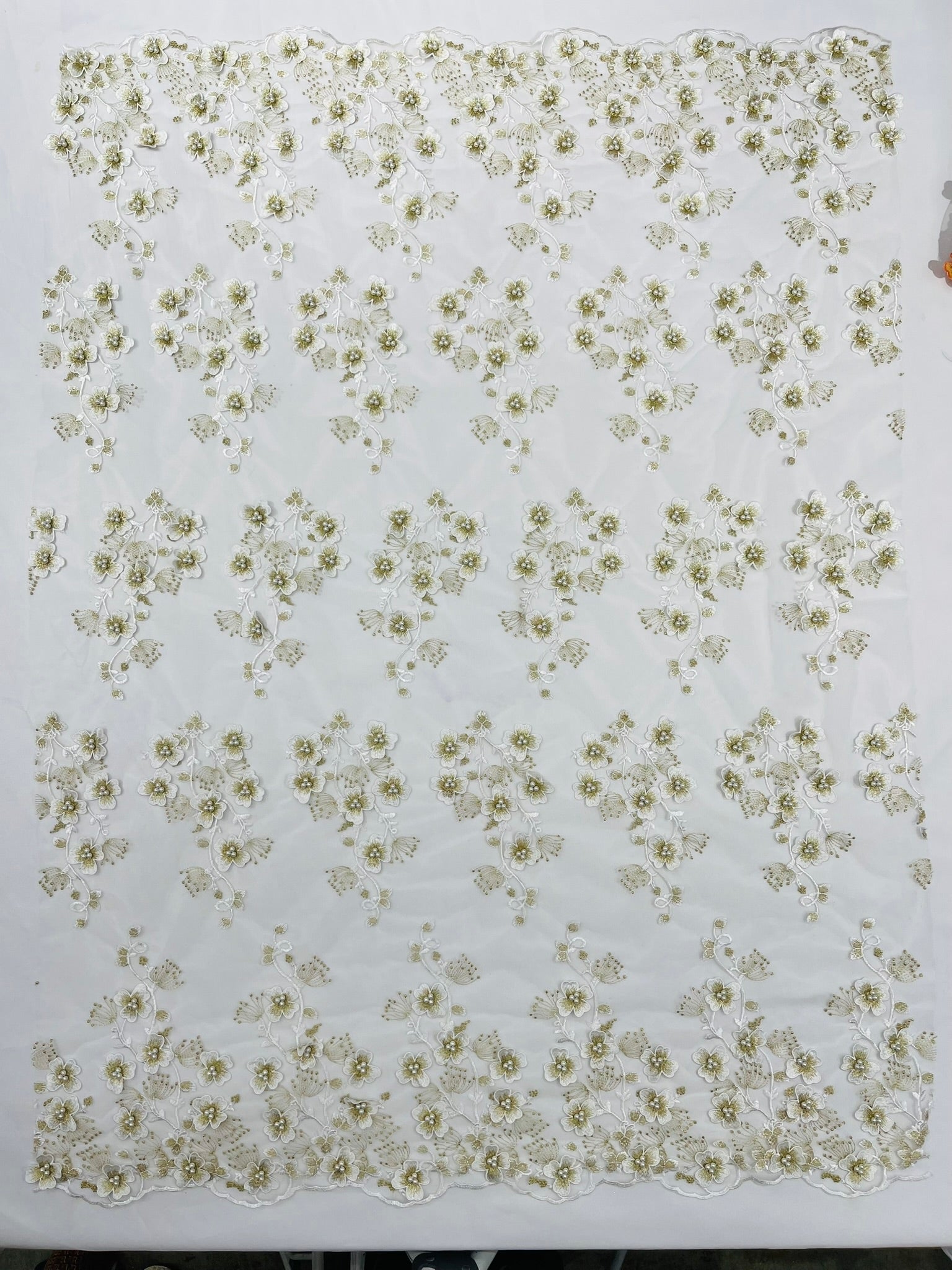 Multi Color 3D Floral Design Embroider with Pearls in a Mesh Lace Fabric| New Creations Fabric & Foam Inc. - New Creations Fabric & Foam Inc