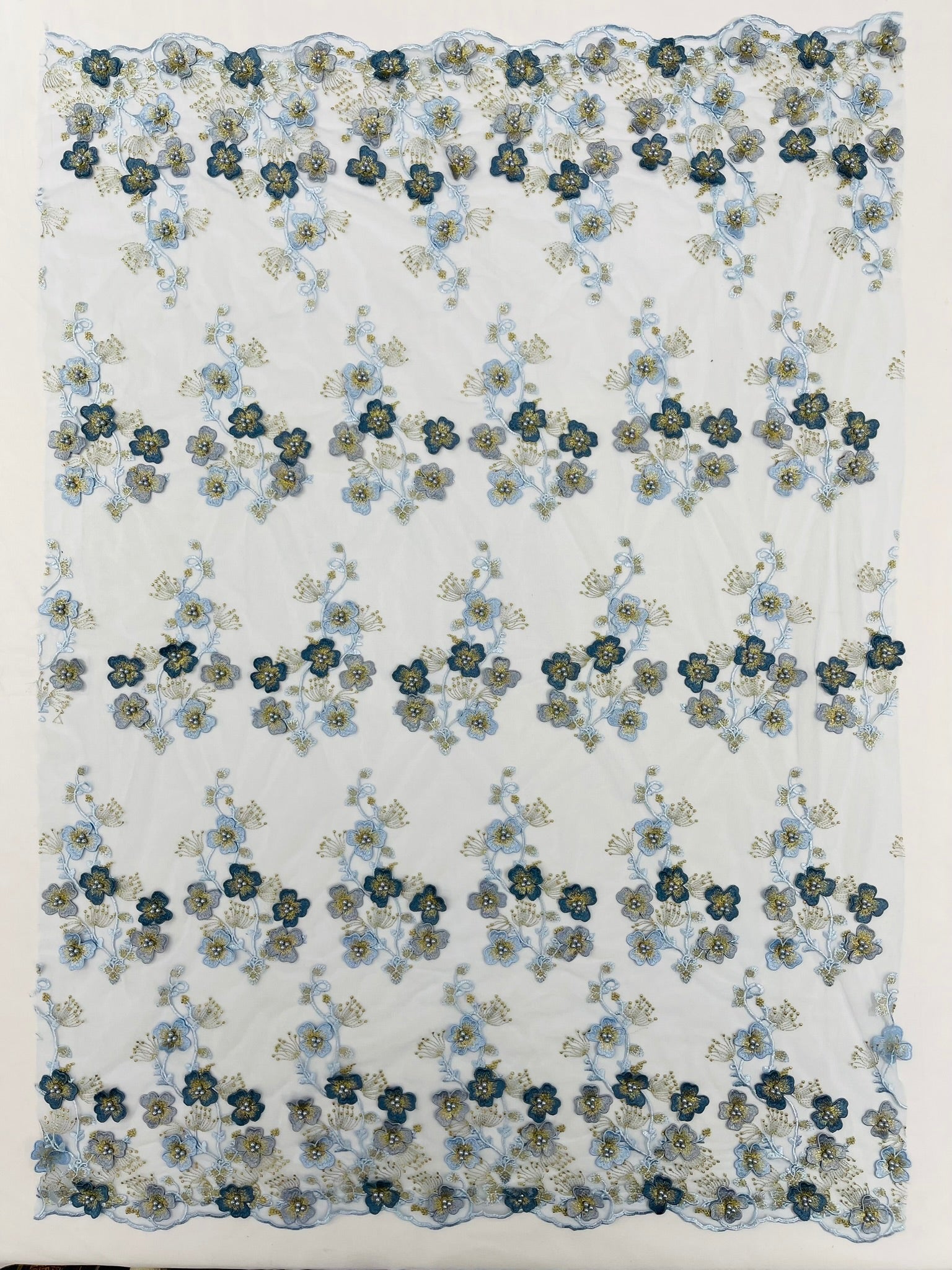 Multi Color 3D Floral Design Embroider with Pearls in a Mesh Lace Fabric| New Creations Fabric & Foam Inc. - New Creations Fabric & Foam Inc