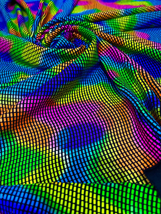 Multi Color Fabric with Retro Sequin Design, 4-Way Stretch Lurex for Costume Sewing - New Creations Fabric & Foam Inc