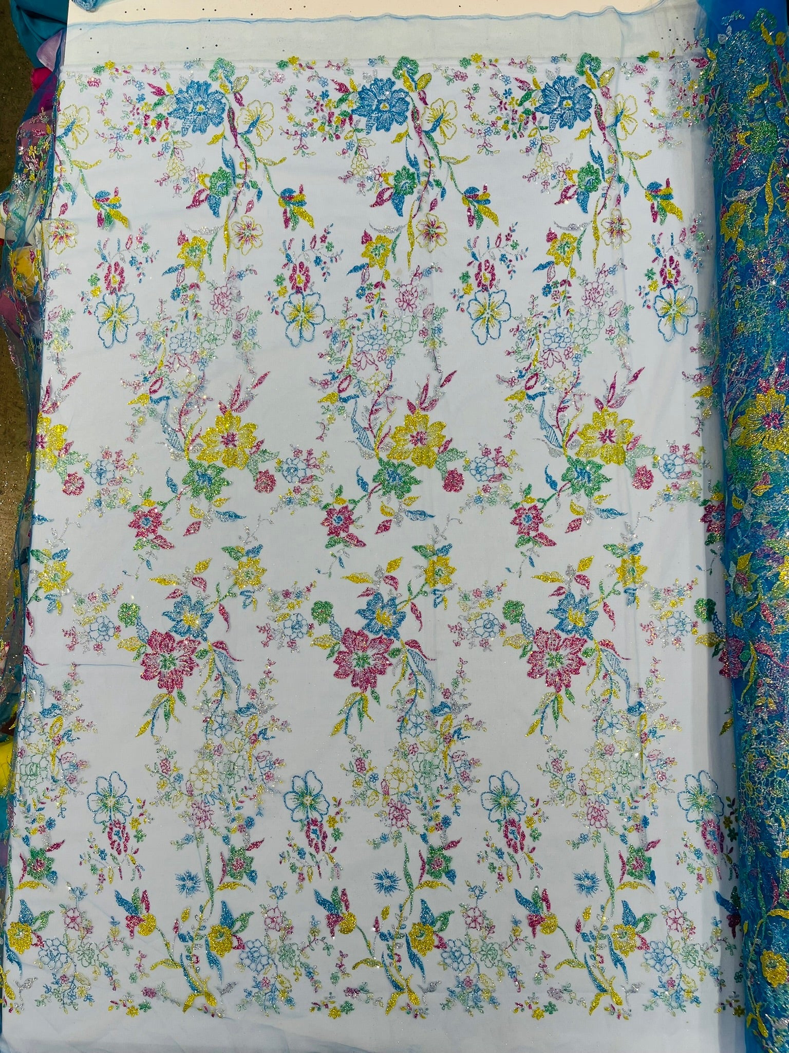 Multi Color Roses Glitter Design On A Mesh Lace Fabric| New Creations Fabric & Foam Inc - New Creations Fabric & Foam Inc