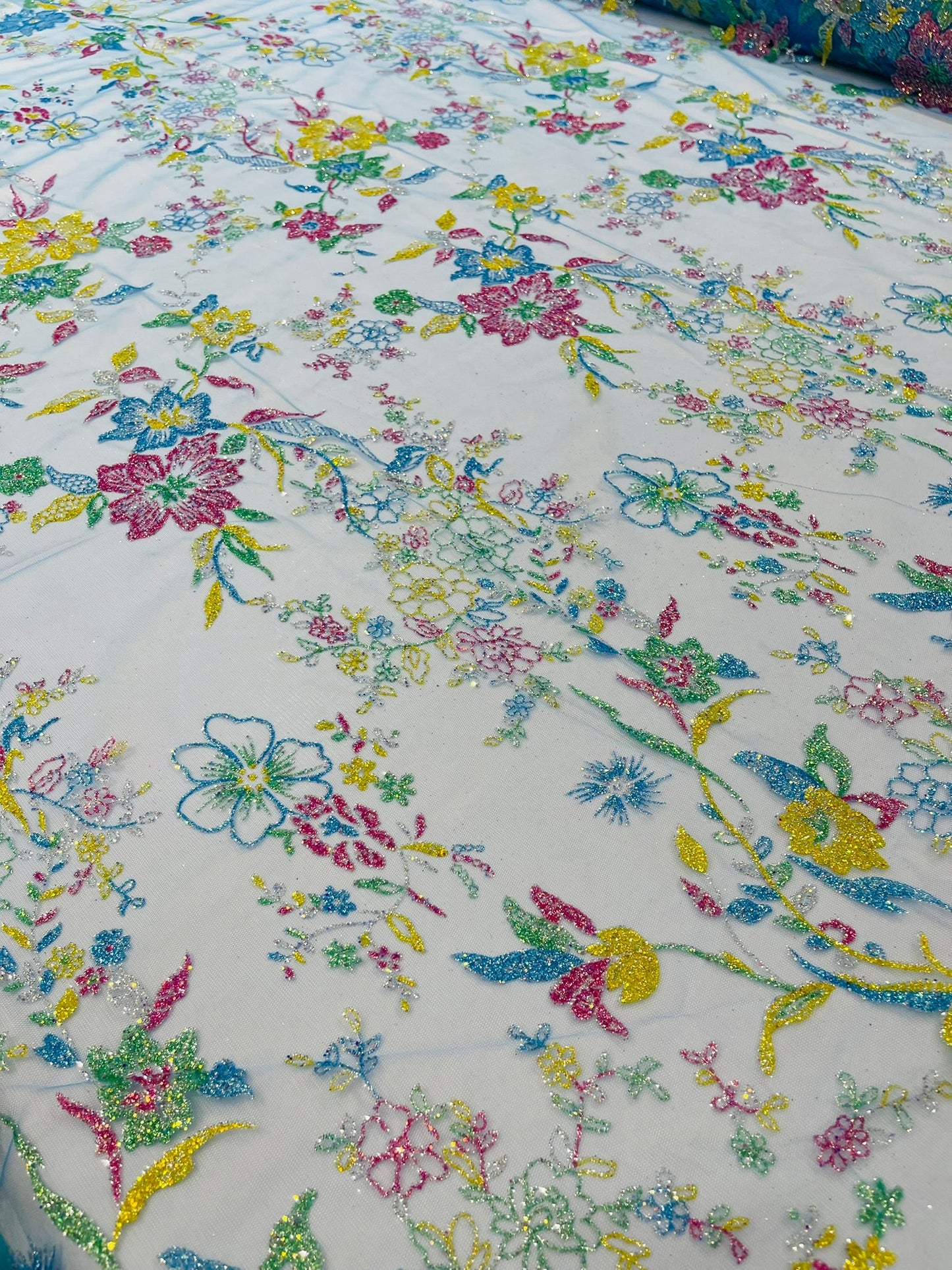 Multi Color Roses Glitter Design On A Mesh Lace Fabric| New Creations Fabric & Foam Inc - New Creations Fabric & Foam Inc
