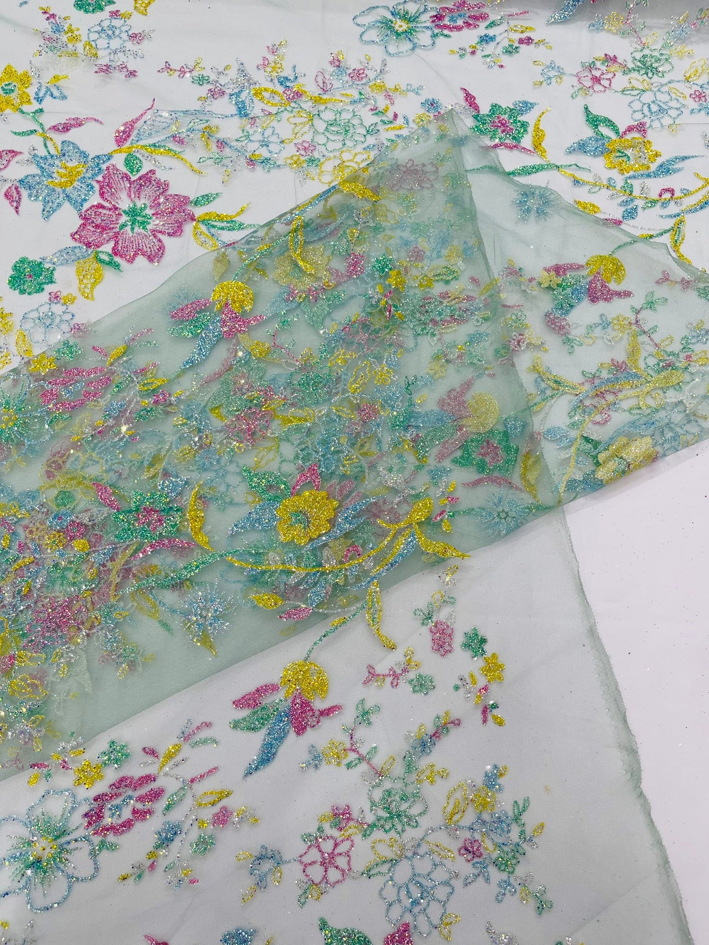 Multi Color Roses Glitter Design On A Mesh Lace Fabric| New Creations Fabric & Foam Inc - New Creations Fabric & Foam Inc