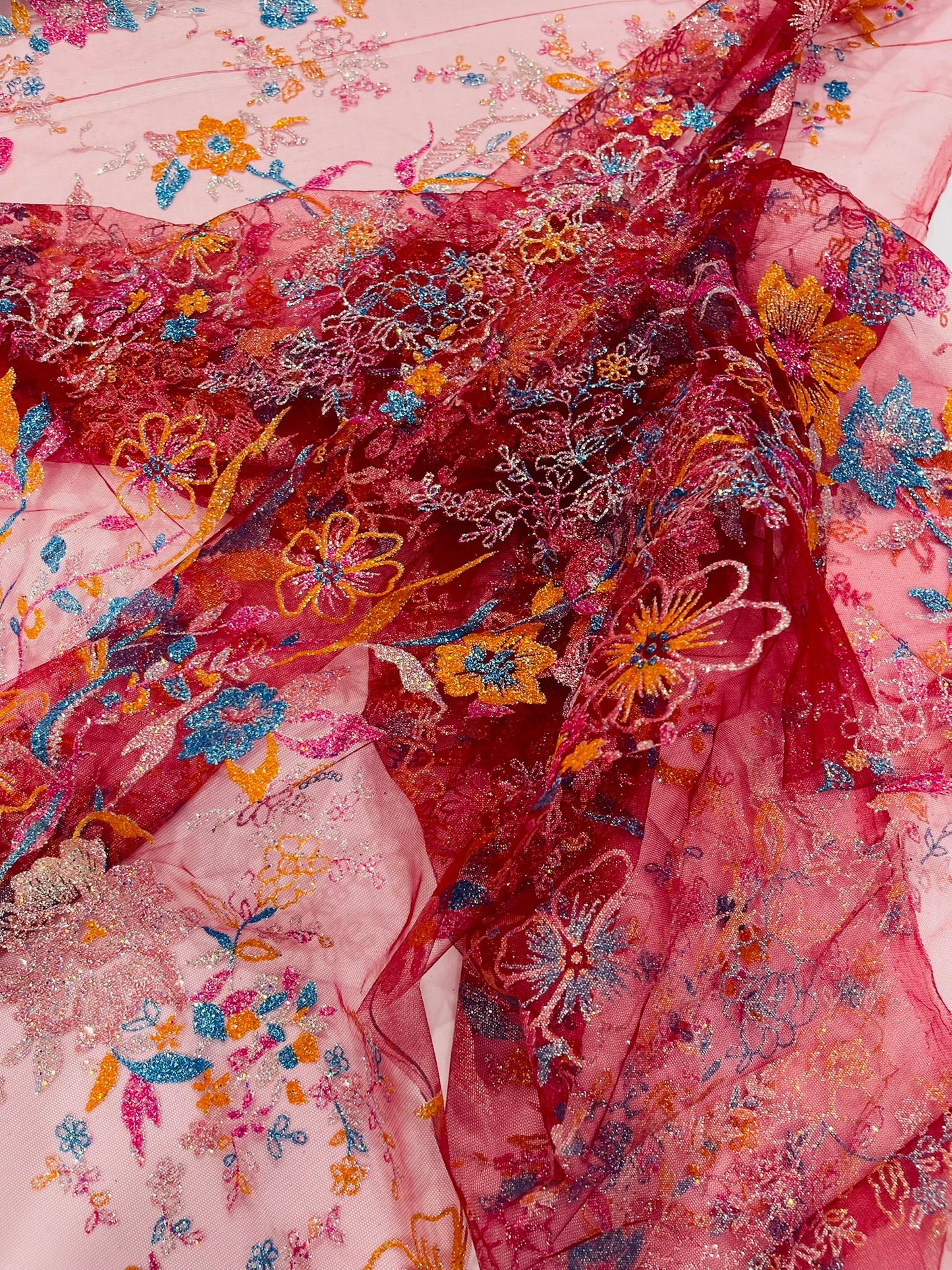 Multi Color Roses Glitter Design On A Mesh Lace Fabric| New Creations Fabric & Foam Inc - New Creations Fabric & Foam Inc