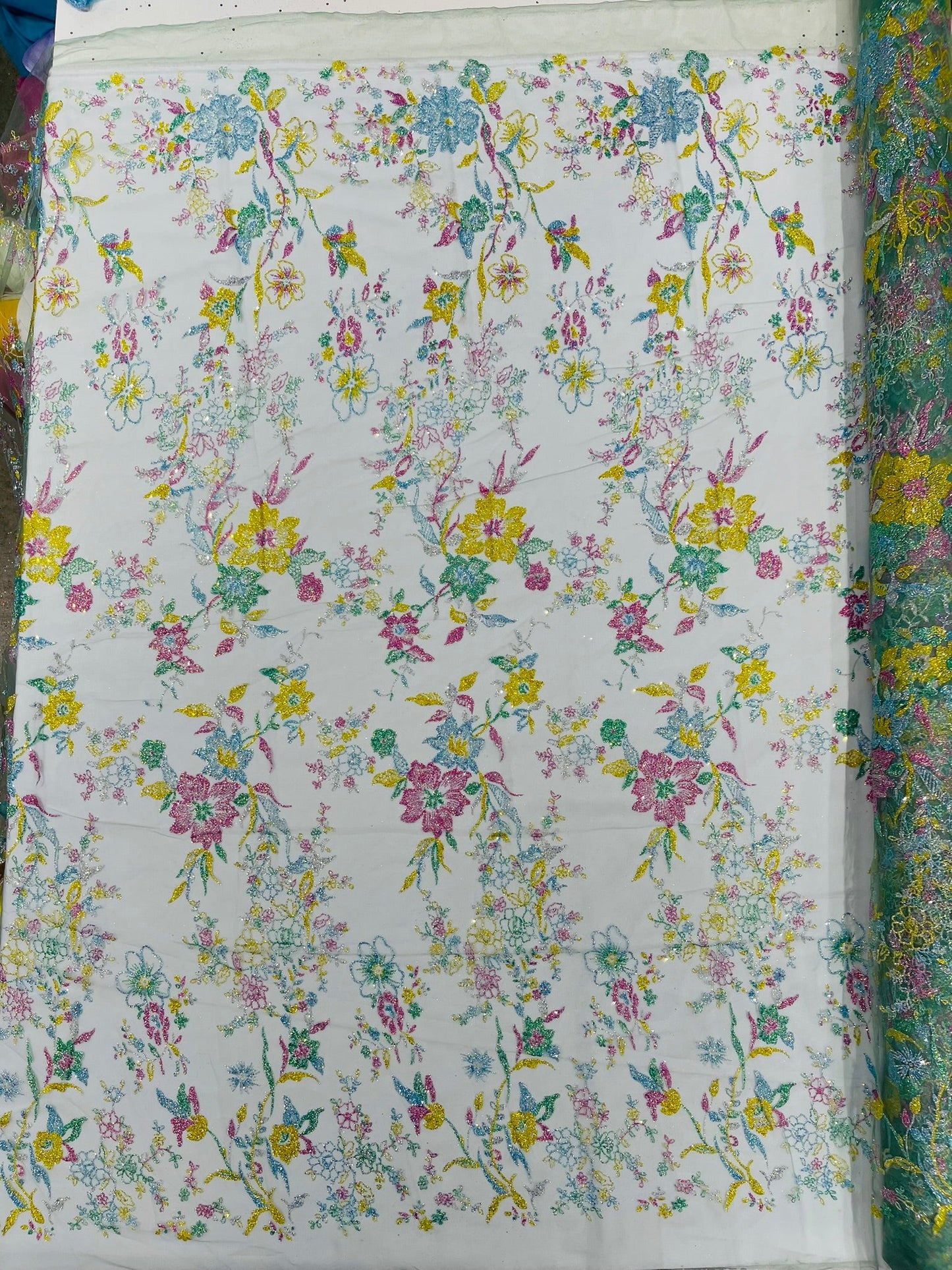 Multi Color Roses Glitter Design On A Mesh Lace Fabric| New Creations Fabric & Foam Inc - New Creations Fabric & Foam Inc