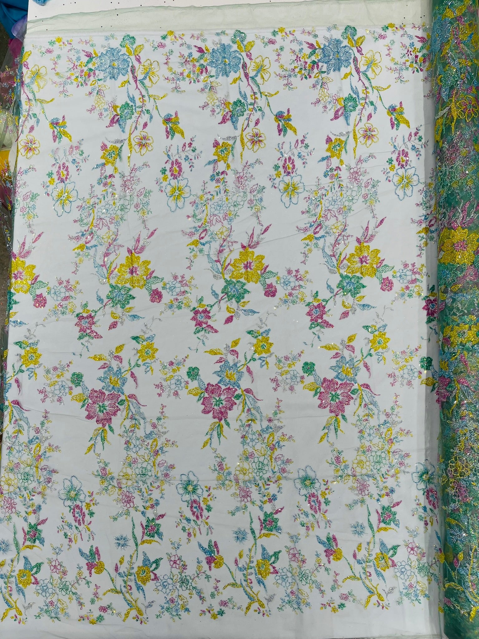 Multi Color Roses Glitter Design On A Mesh Lace Fabric| New Creations Fabric & Foam Inc - New Creations Fabric & Foam Inc