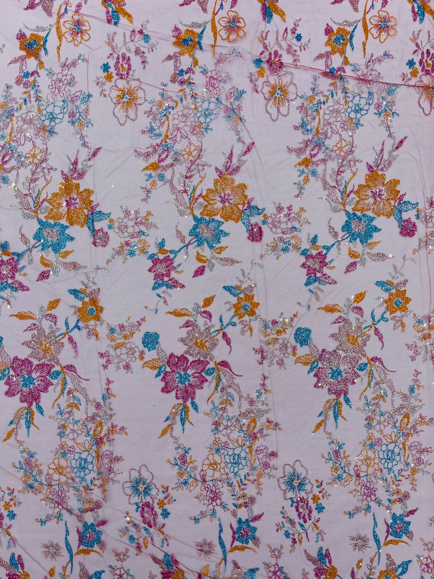 Multi Color Roses Glitter Design On A Mesh Lace Fabric| New Creations Fabric & Foam Inc - New Creations Fabric & Foam Inc