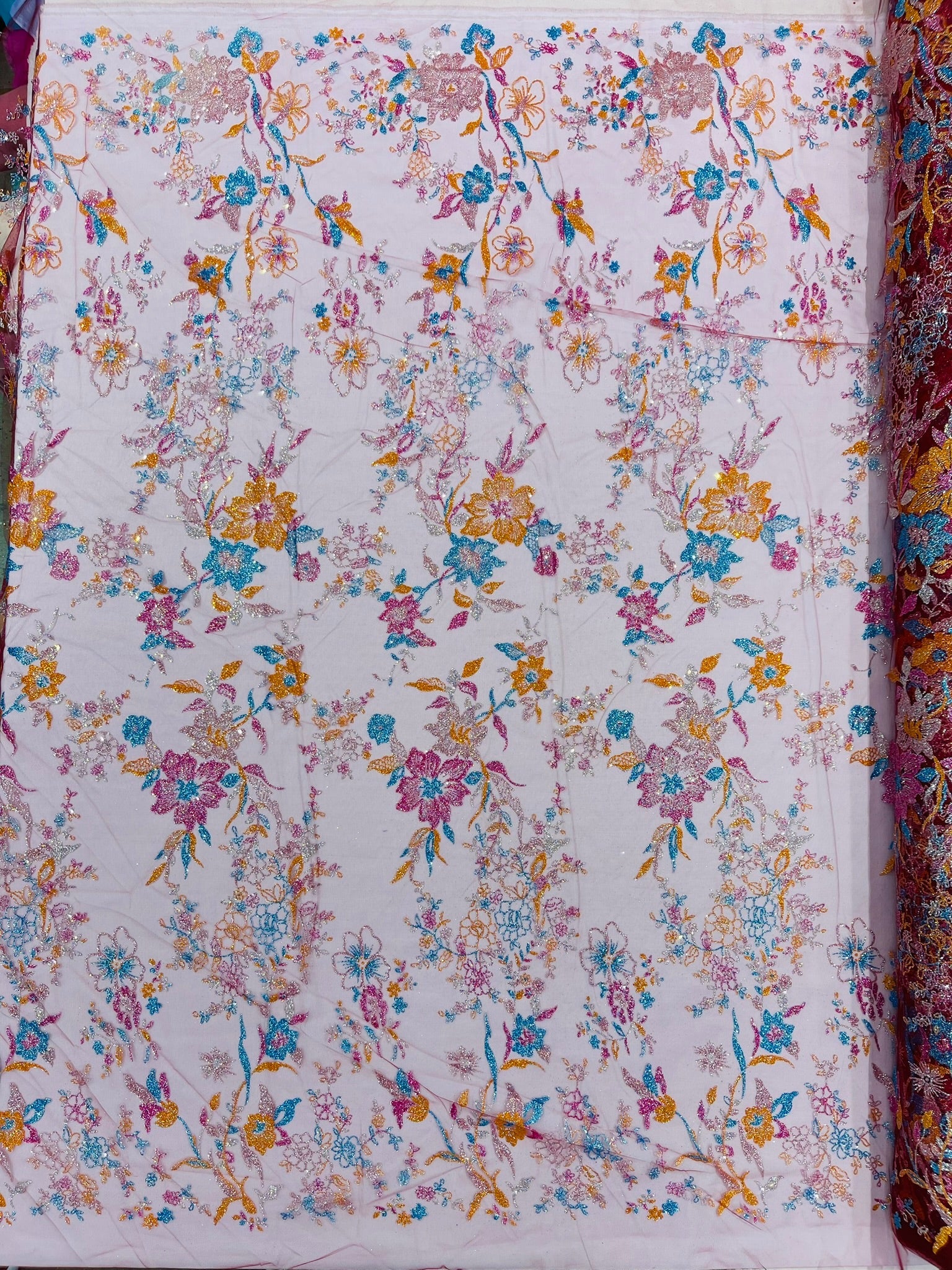 Multi Color Roses Glitter Design On A Mesh Lace Fabric| New Creations Fabric & Foam Inc - New Creations Fabric & Foam Inc