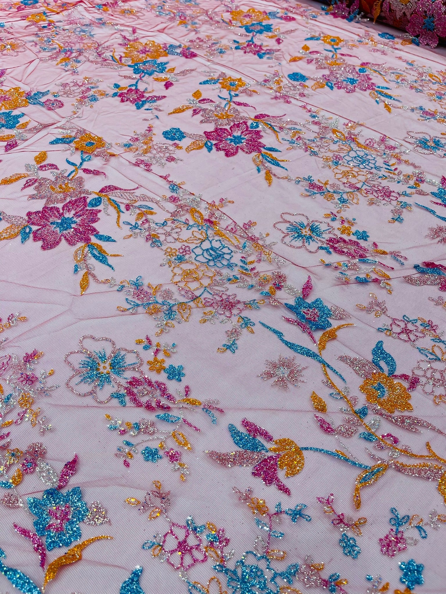 Multi Color Roses Glitter Design On A Mesh Lace Fabric| New Creations Fabric & Foam Inc - New Creations Fabric & Foam Inc