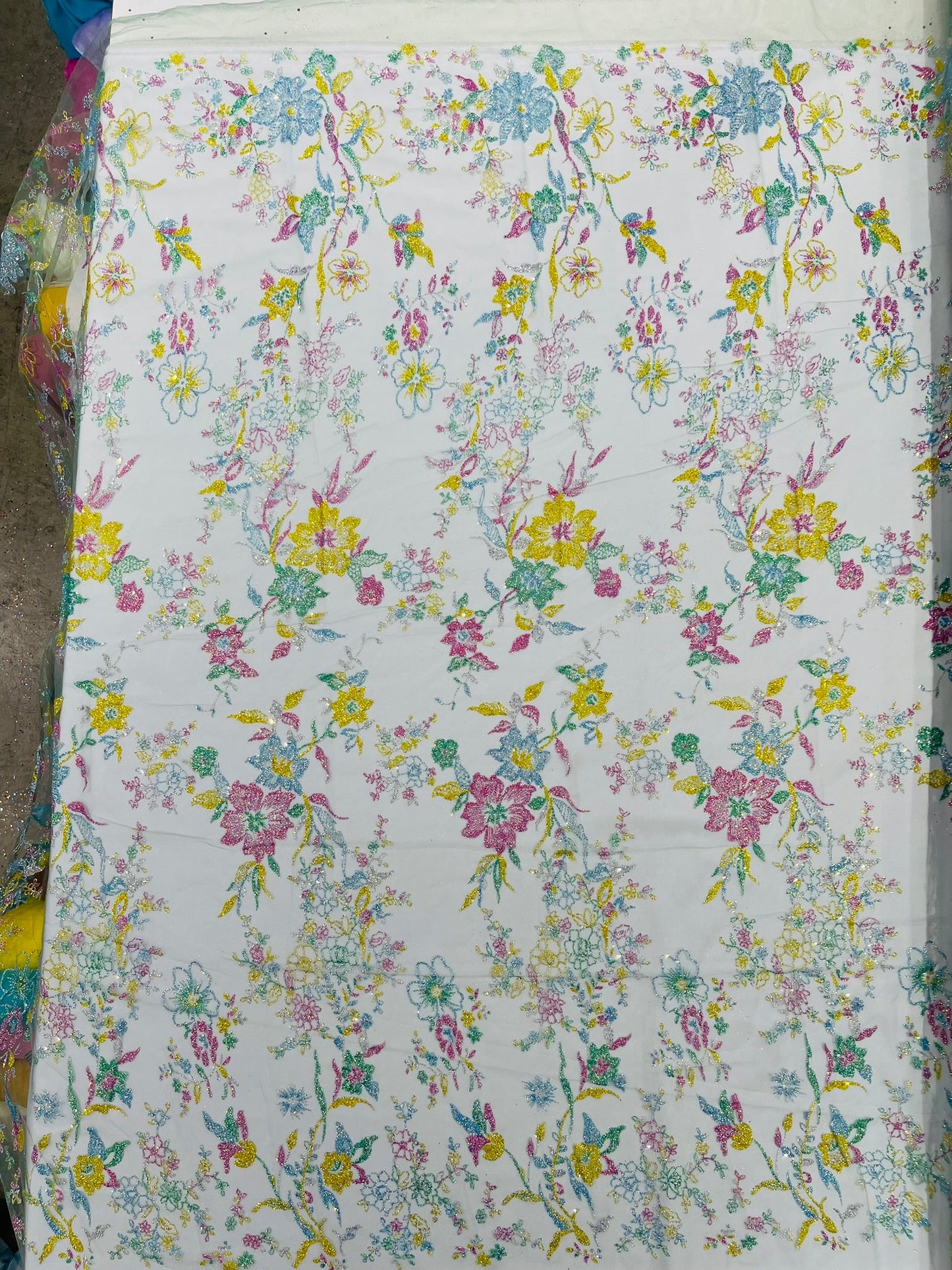 Multi Color Roses Glitter Design On A Mesh Lace Fabric| New Creations Fabric & Foam Inc - New Creations Fabric & Foam Inc