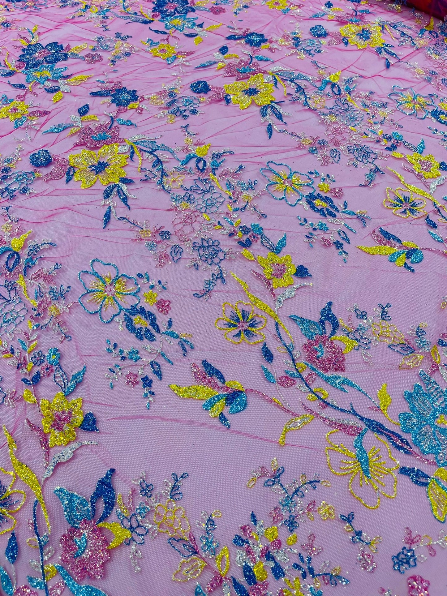 Multi Color Roses Glitter Design On A Mesh Lace Fabric| New Creations Fabric & Foam Inc - New Creations Fabric & Foam Inc