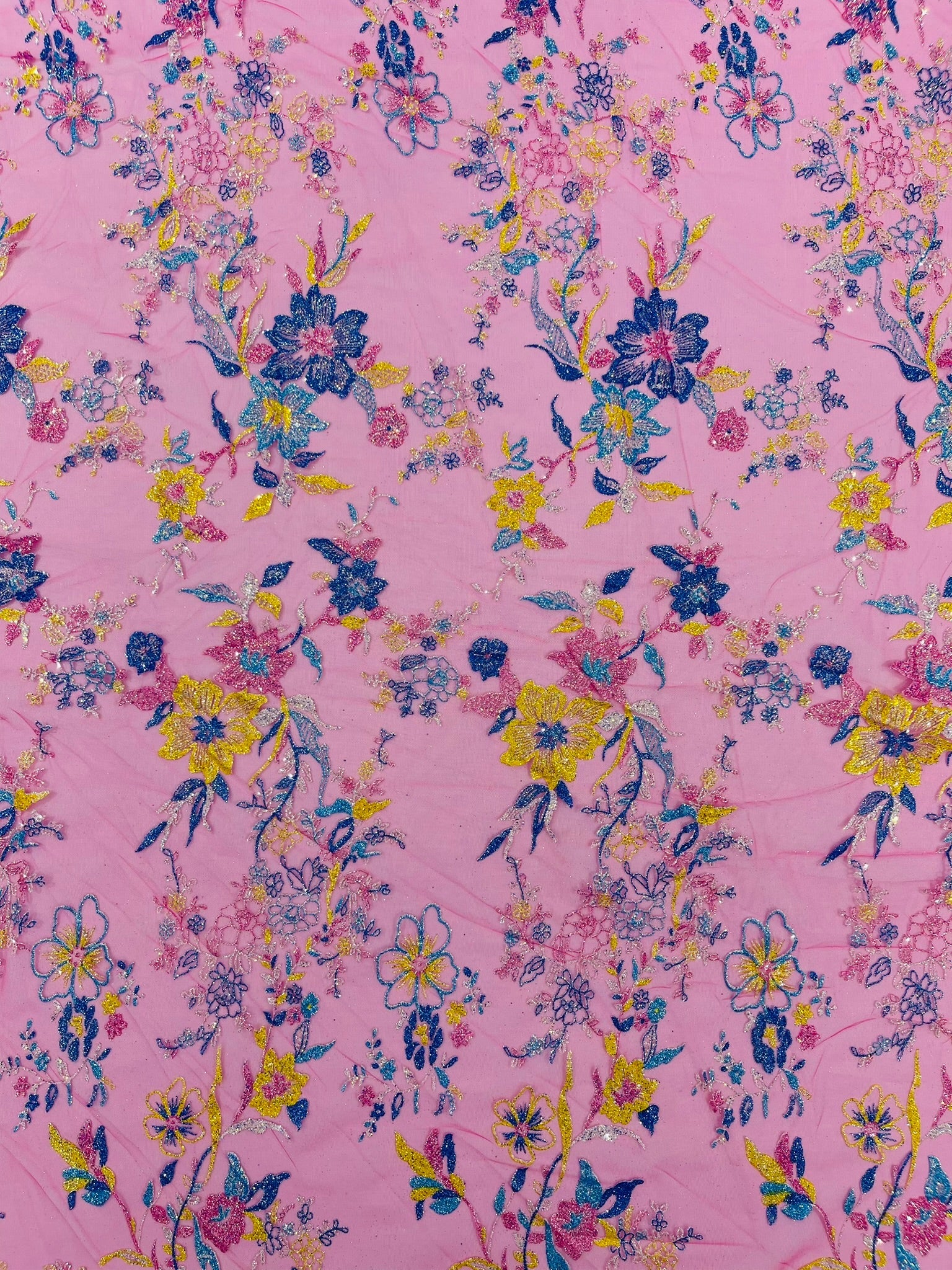 Multi Color Roses Glitter Design On A Mesh Lace Fabric| New Creations Fabric & Foam Inc - New Creations Fabric & Foam Inc