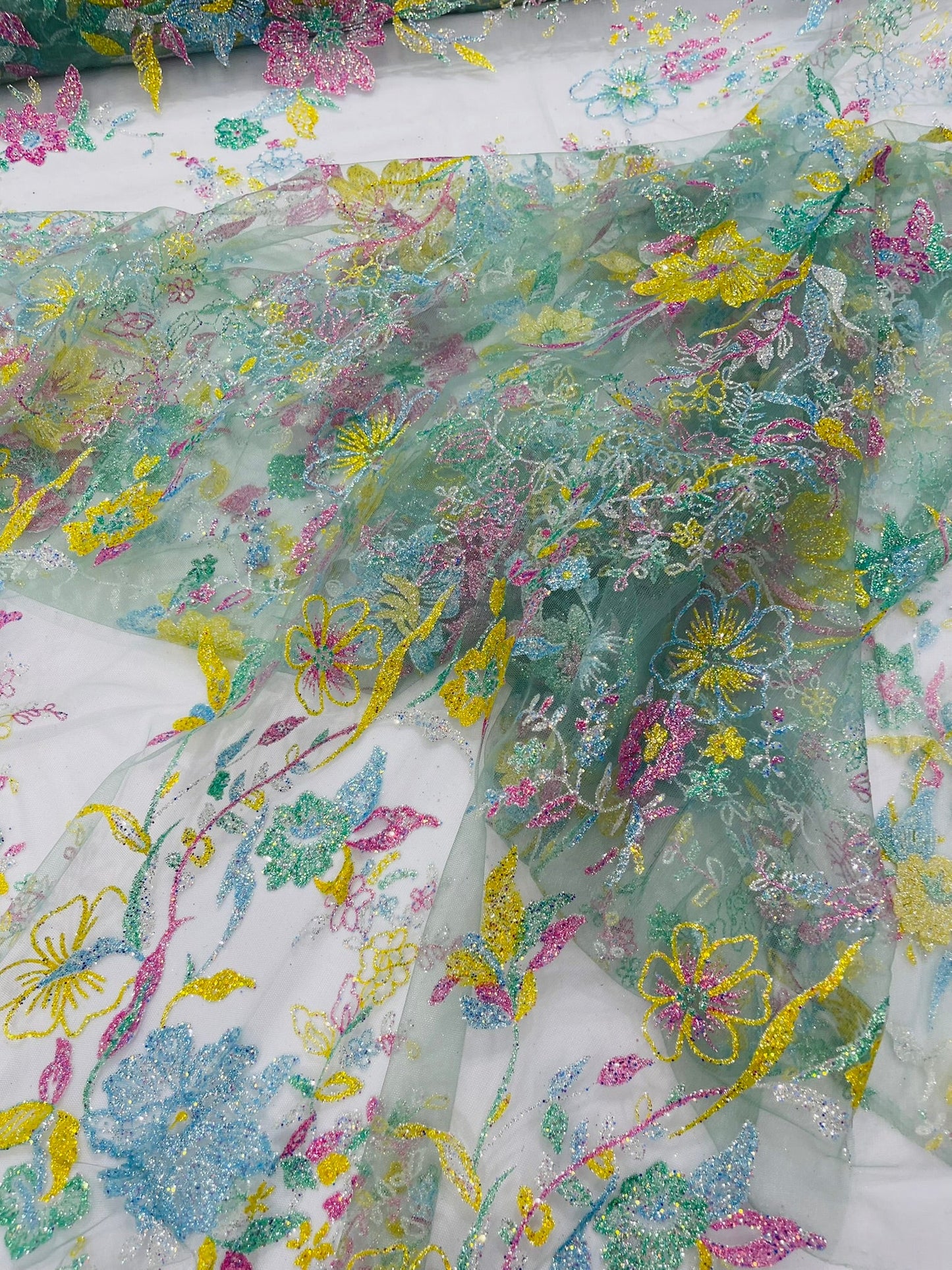 Multi Color Roses Glitter Design On A Mesh Lace Fabric| New Creations Fabric & Foam Inc - New Creations Fabric & Foam Inc