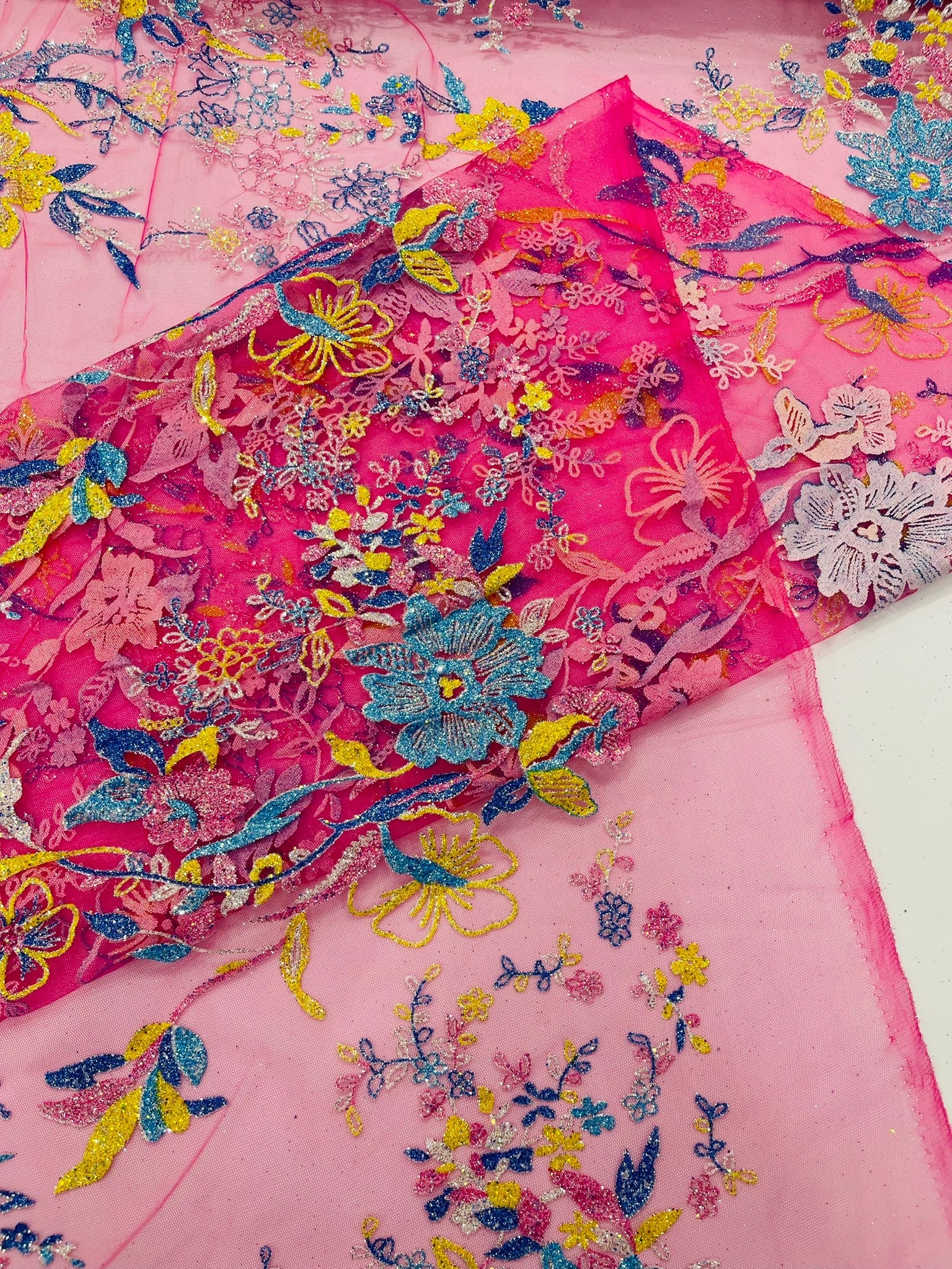 Multi Color Roses Glitter Design On A Mesh Lace Fabric| New Creations Fabric & Foam Inc - New Creations Fabric & Foam Inc