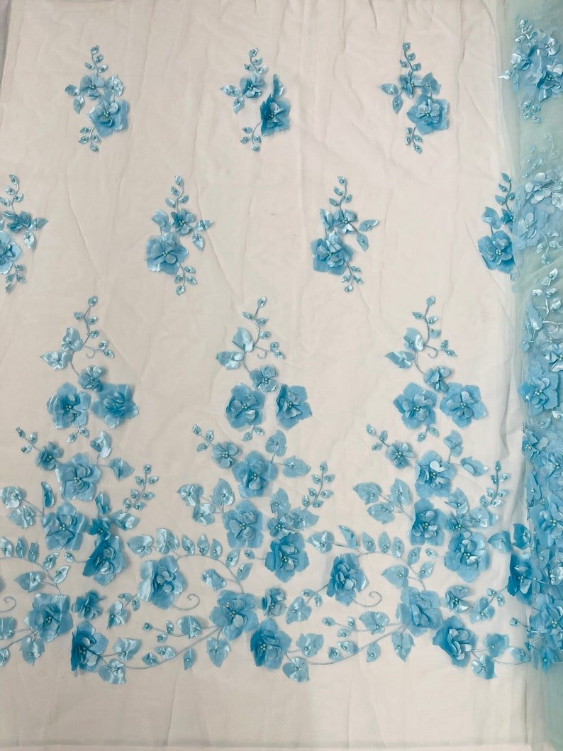 Orquidia 3d floral design embroider with pearls in a mesh lace fabric - prom - sold by the yard. - New Creations Fabric & Foam Inc