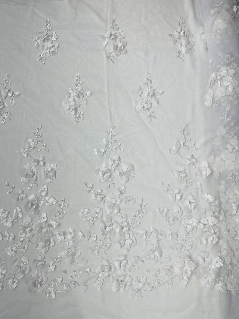 Orquidia 3d floral design embroider with pearls in a mesh lace fabric - prom - sold by the yard. - New Creations Fabric & Foam Inc