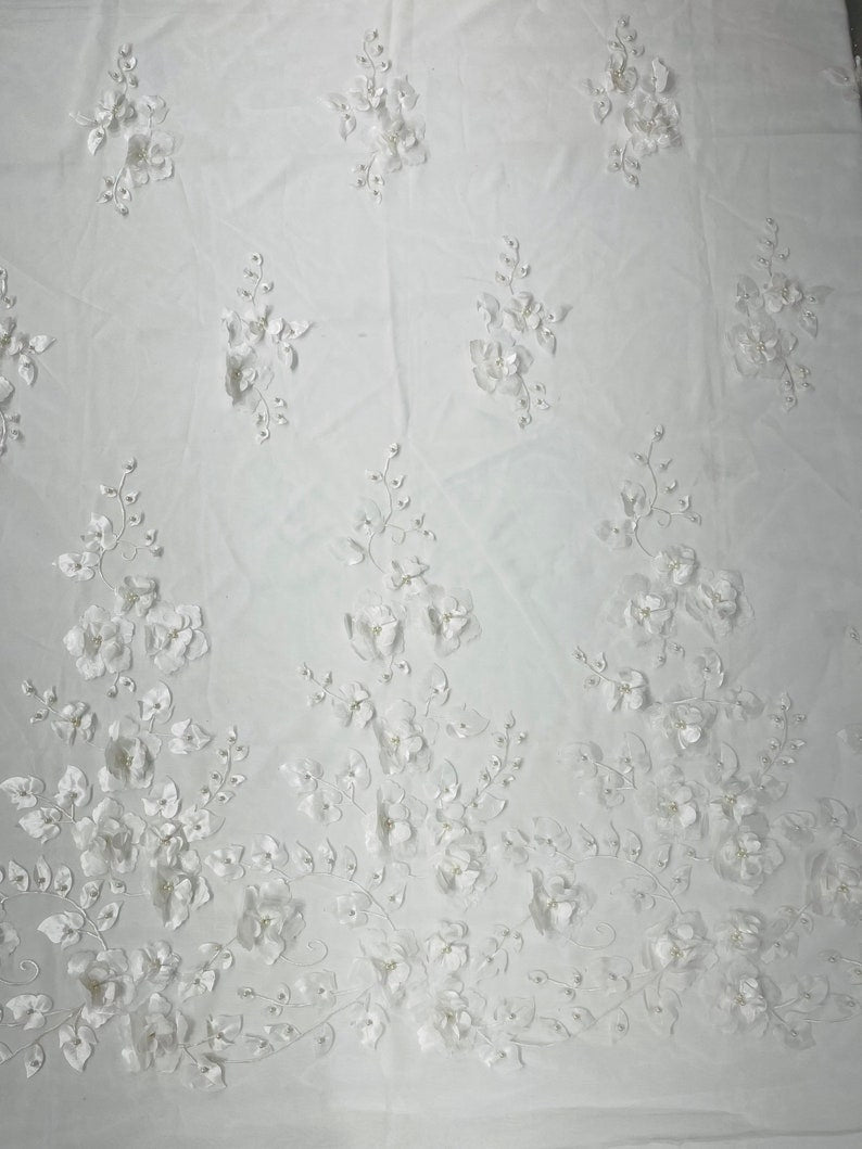 Orquidia 3d floral design embroider with pearls in a mesh lace fabric - prom - sold by the yard. - New Creations Fabric & Foam Inc