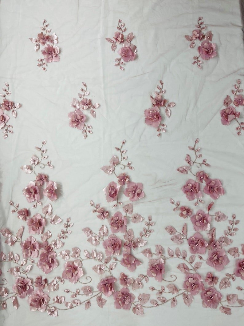 Orquidia 3d floral design embroider with pearls in a mesh lace fabric - prom - sold by the yard. - New Creations Fabric & Foam Inc