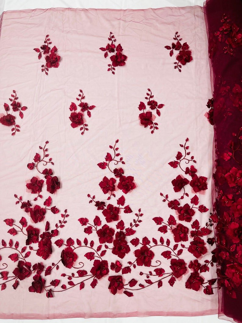 Orquidia 3d floral design embroider with pearls in a mesh lace fabric - prom - sold by the yard. - New Creations Fabric & Foam Inc