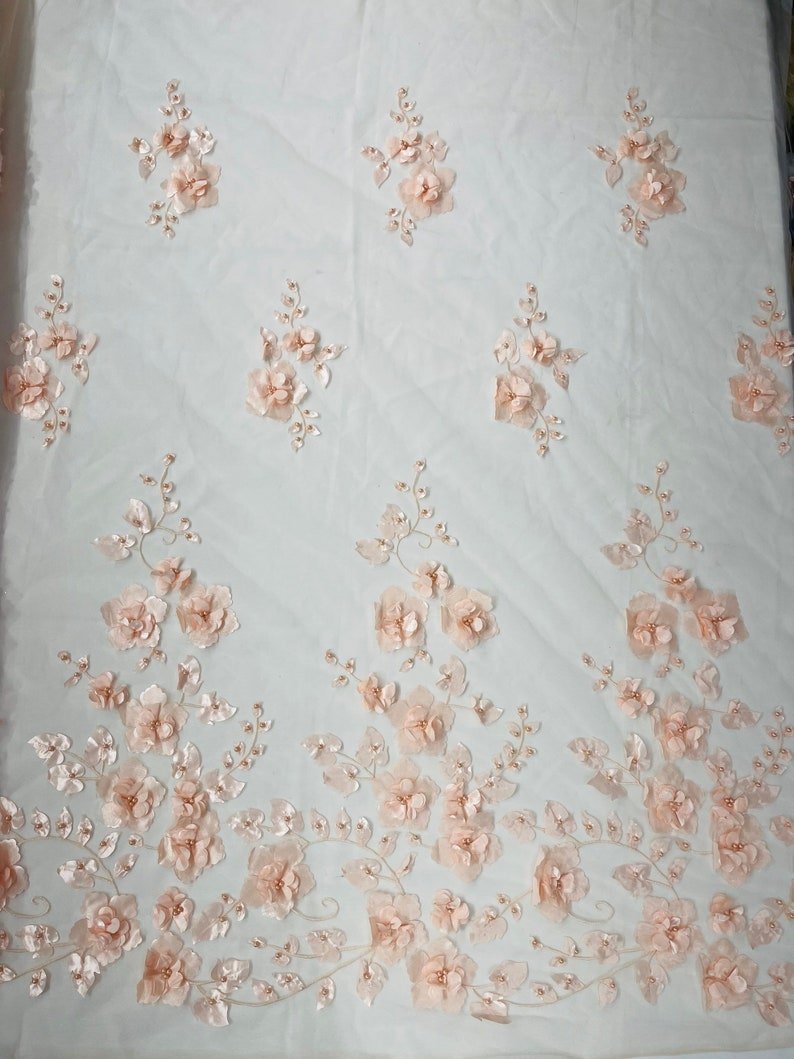Orquidia 3d floral design embroider with pearls in a mesh lace fabric - prom - sold by the yard. - New Creations Fabric & Foam Inc