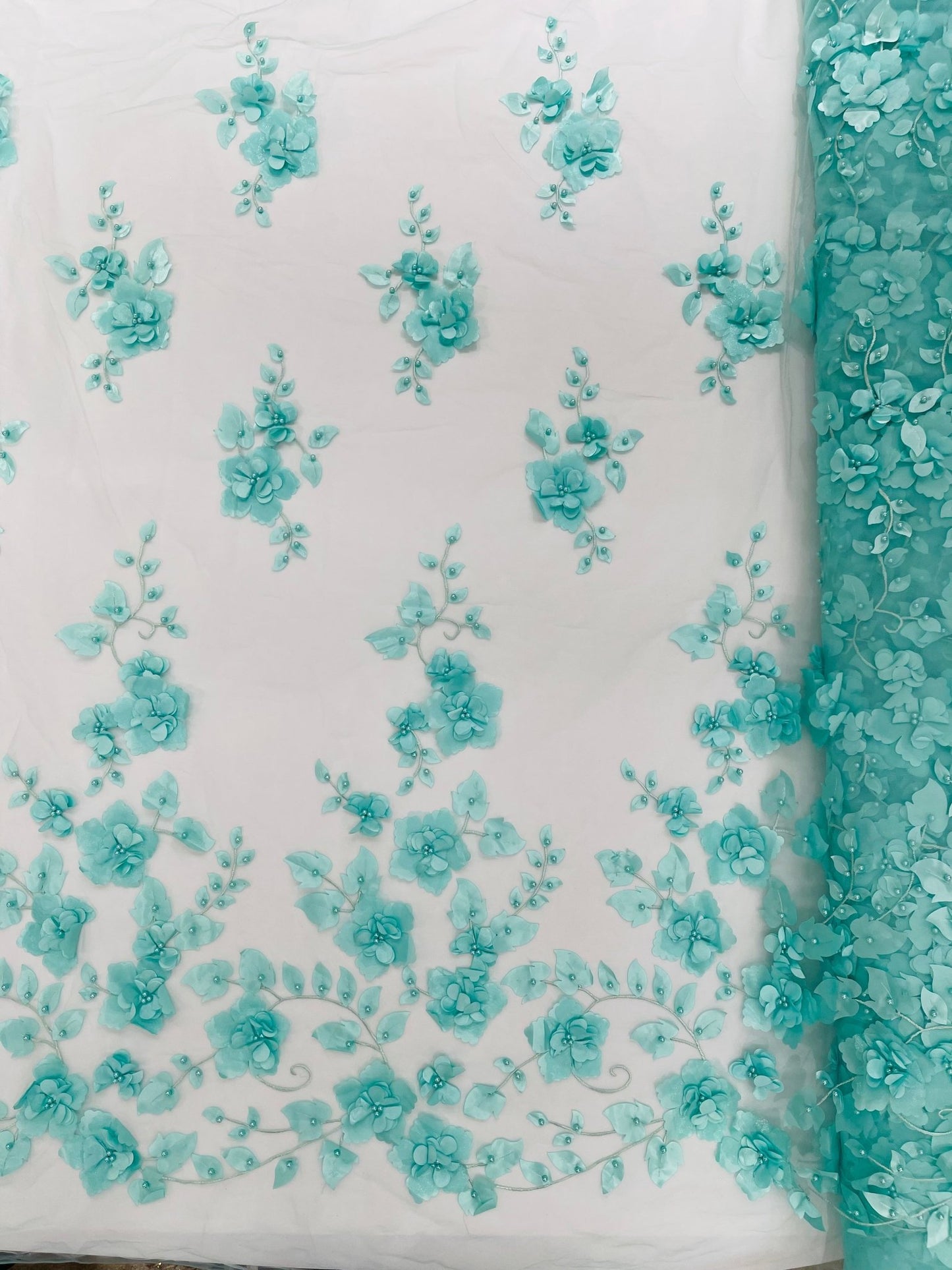 Orquidia 3d floral design embroider with pearls in a mesh lace fabric - prom - sold by the yard. - New Creations Fabric & Foam Inc