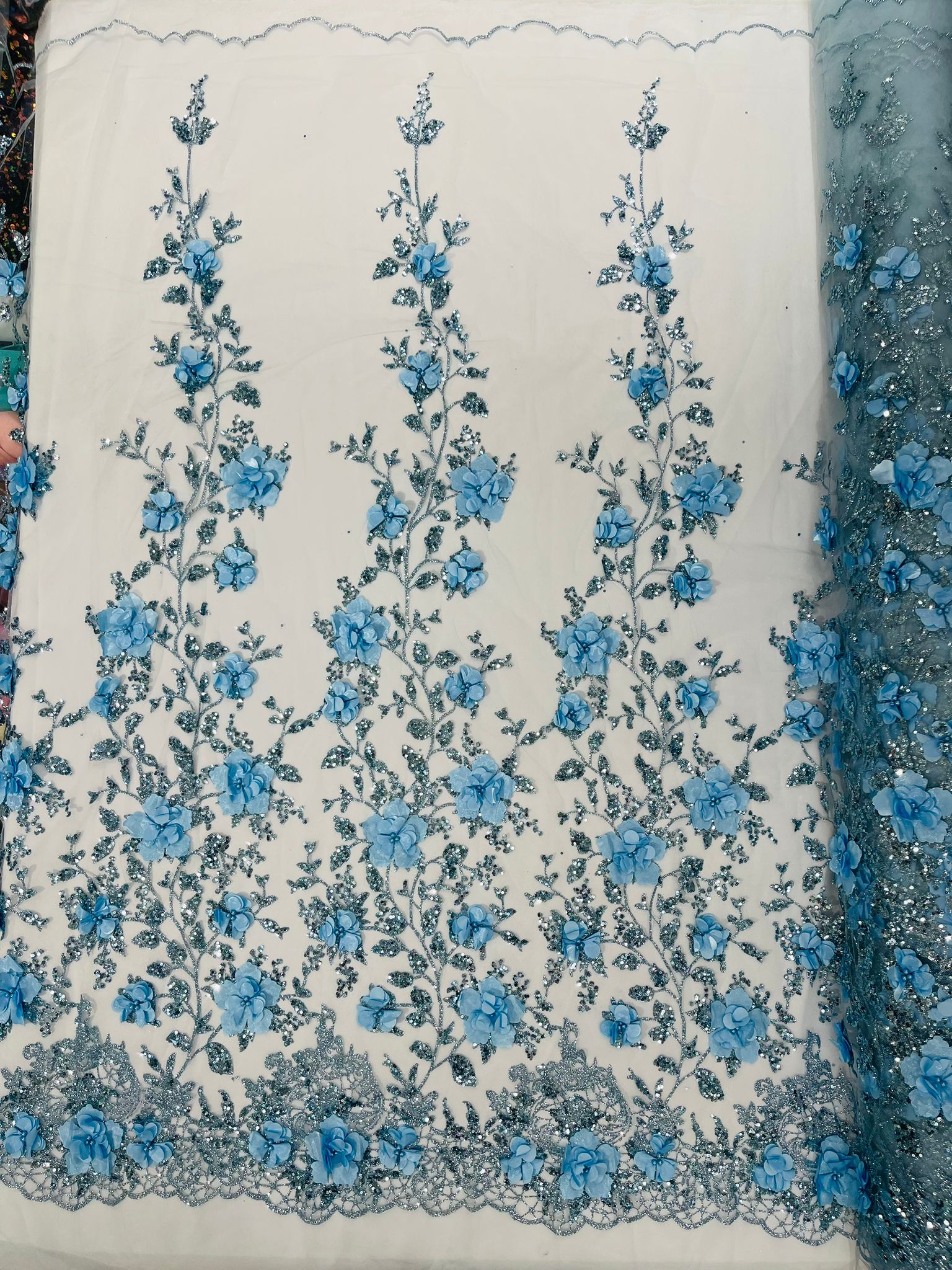 Orquidia 3d satin flower glitter fabric| New Creations Fabric & Foam Inc. - New Creations Fabric & Foam Inc