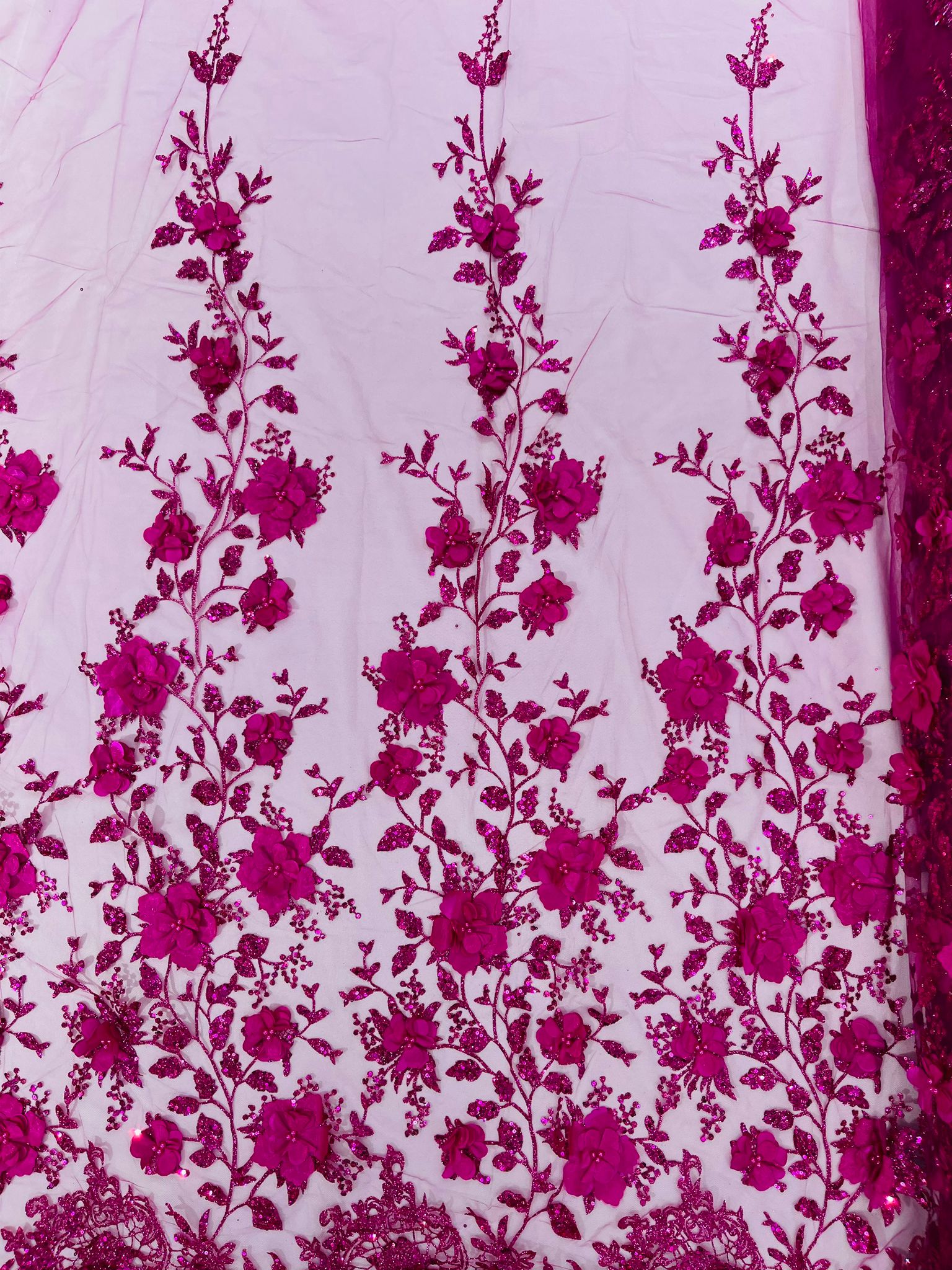 Orquidia 3d satin flower glitter fabric| New Creations Fabric & Foam Inc. - New Creations Fabric & Foam Inc