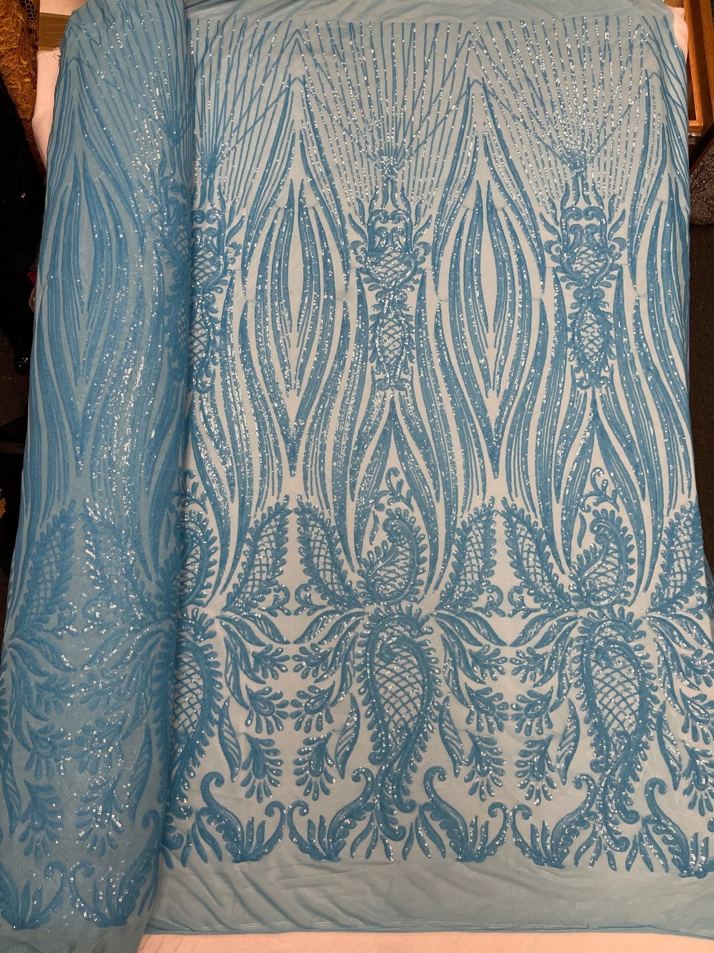 Paisley sequin design on a nude 4 way stretch mesh - prom - sold by the yard. - New Creations Fabric & Foam Inc