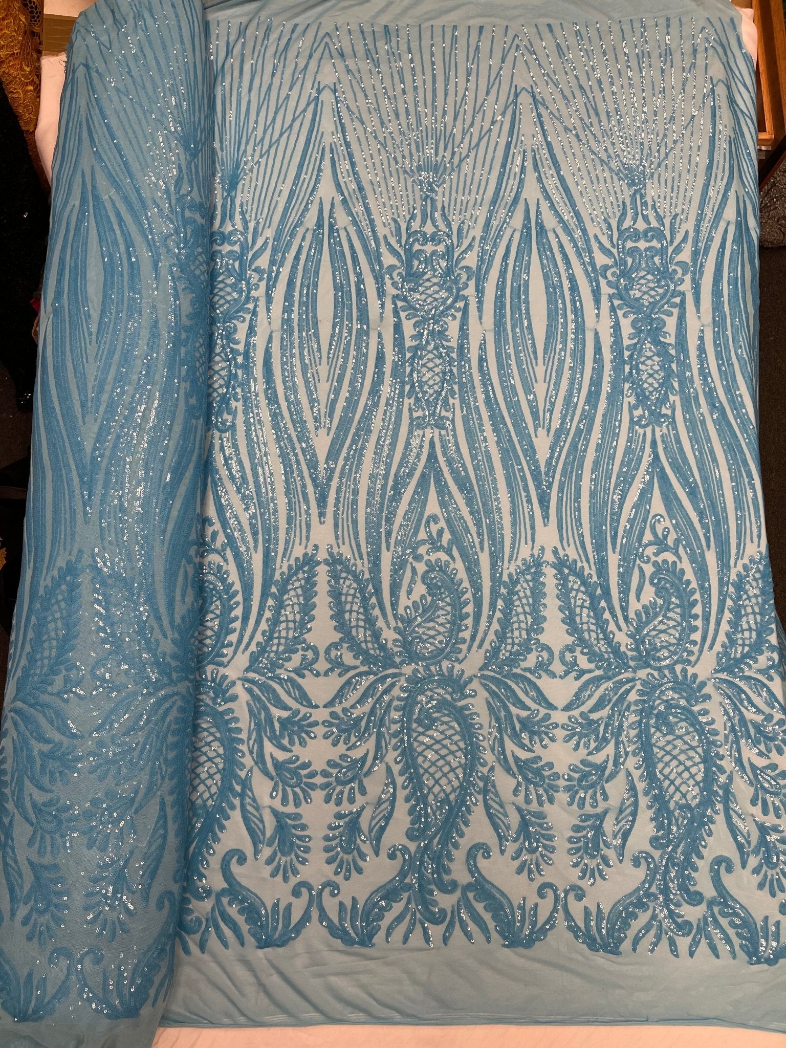 Paisley sequin design on a nude 4 way stretch mesh - prom - sold by the yard. - New Creations Fabric & Foam Inc