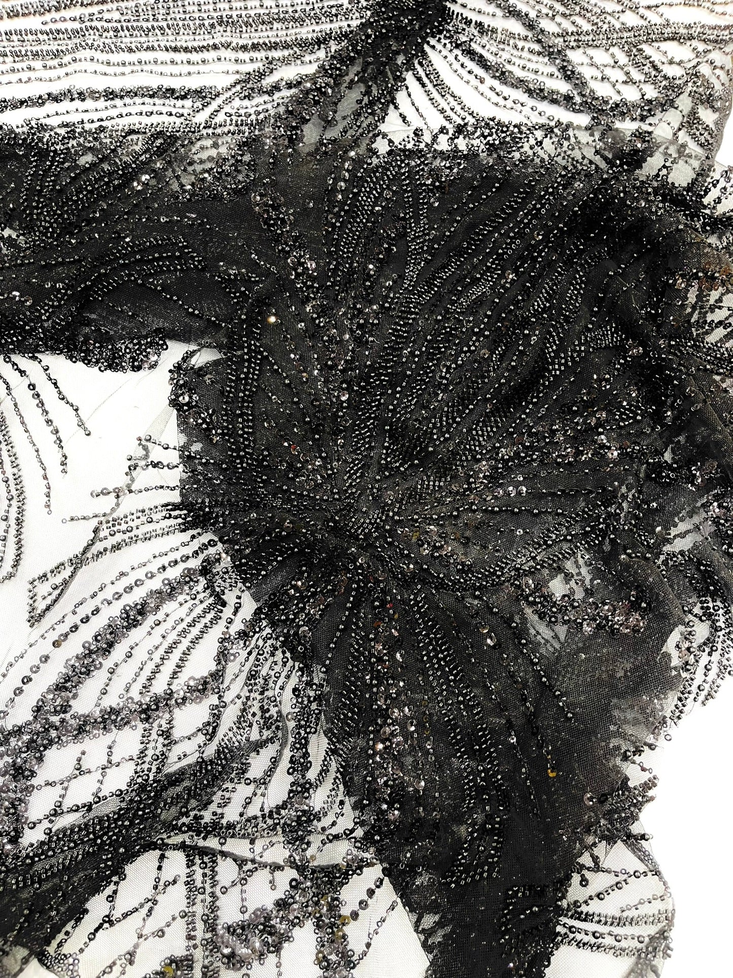 Palm Beaded Lace Fabric| Heavy Embroidered Design on 58" Mesh for Dresses - New Creations Fabric & Foam Inc