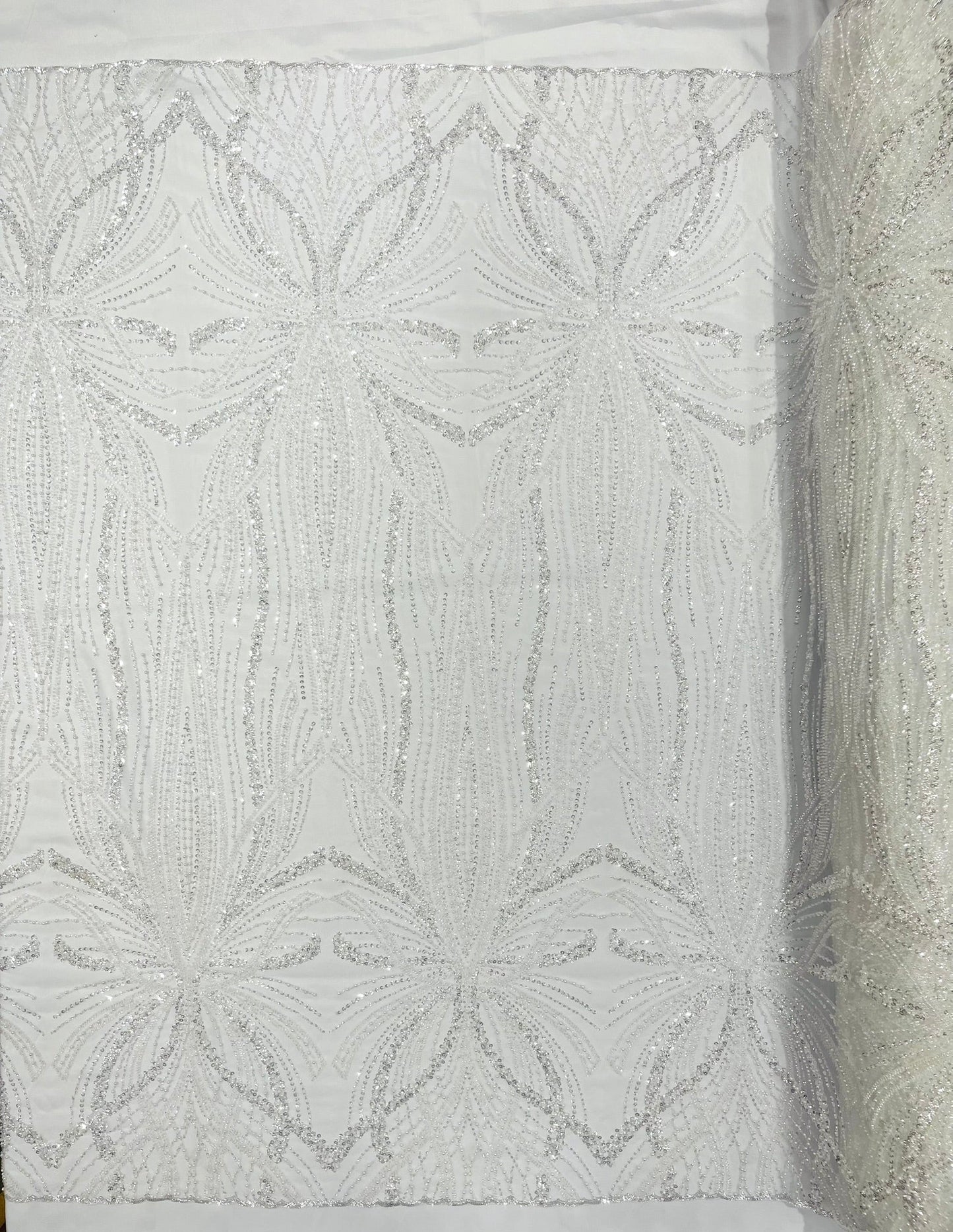 Palm Beaded Lace Fabric| Heavy Embroidered Design on 58" Mesh for Dresses - New Creations Fabric & Foam Inc