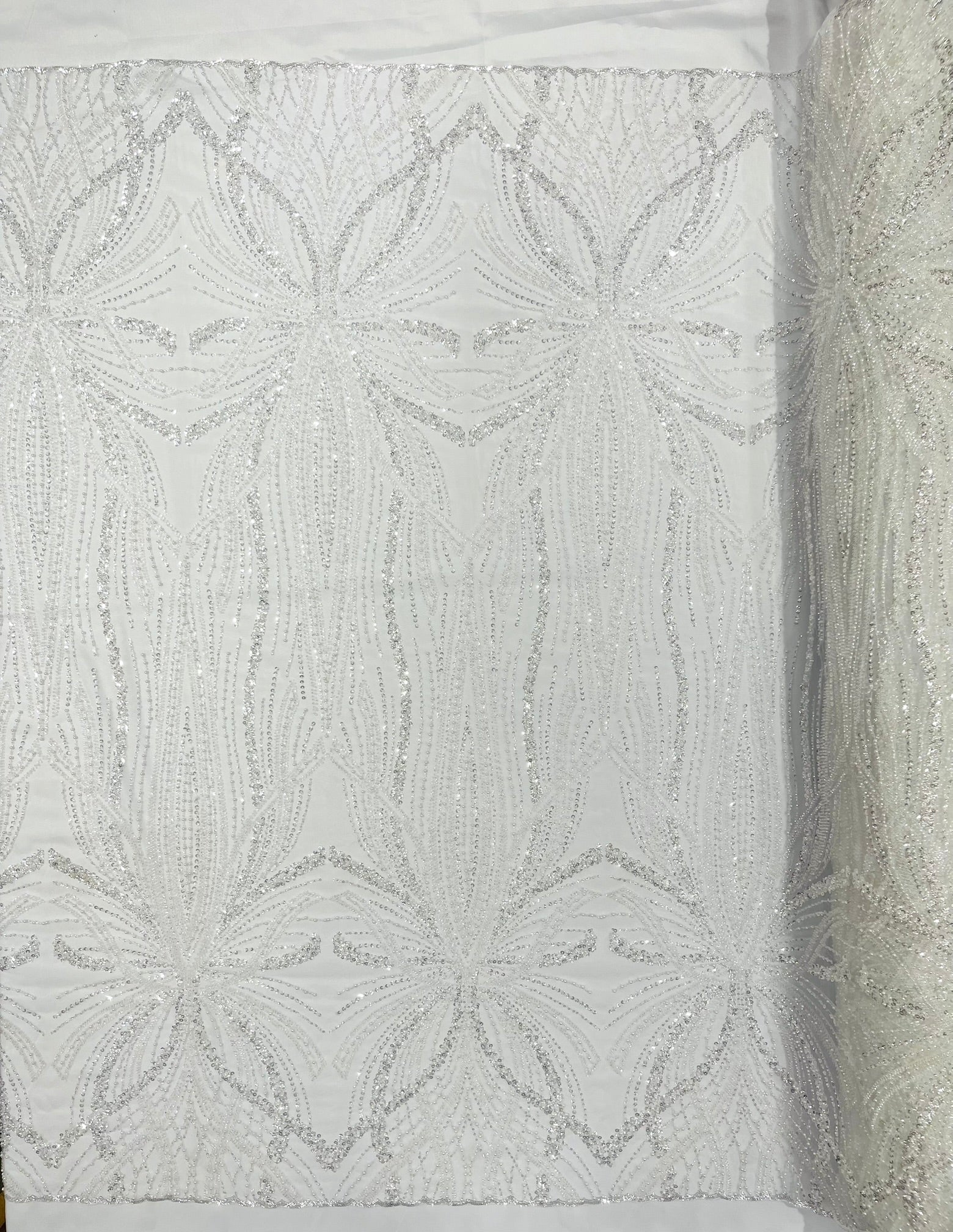 Palm Beaded Lace Fabric| Heavy Embroidered Design on 58" Mesh for Dresses - New Creations Fabric & Foam Inc