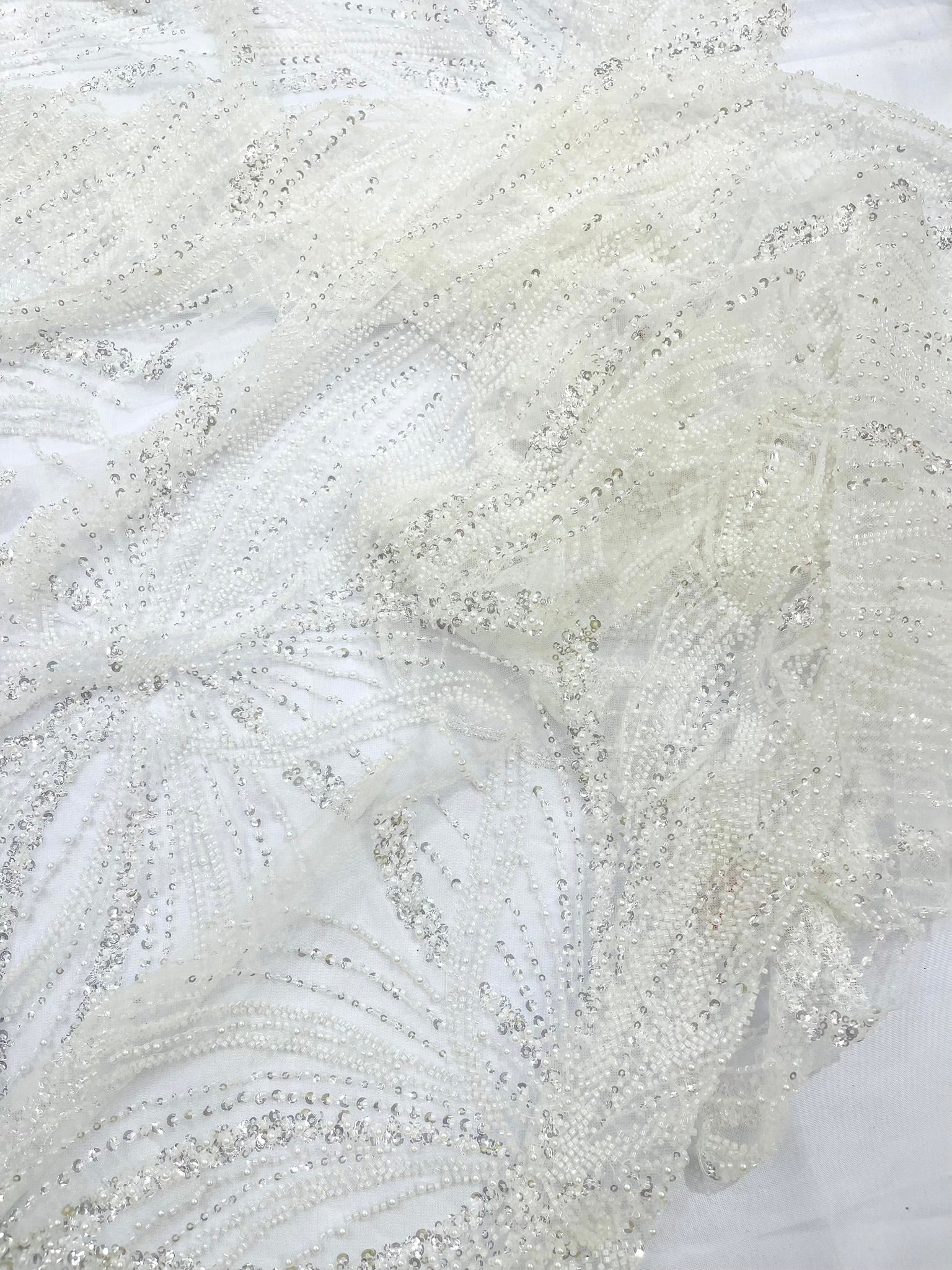 Palm Beaded Lace Fabric| Heavy Embroidered Design on 58" Mesh for Dresses - New Creations Fabric & Foam Inc