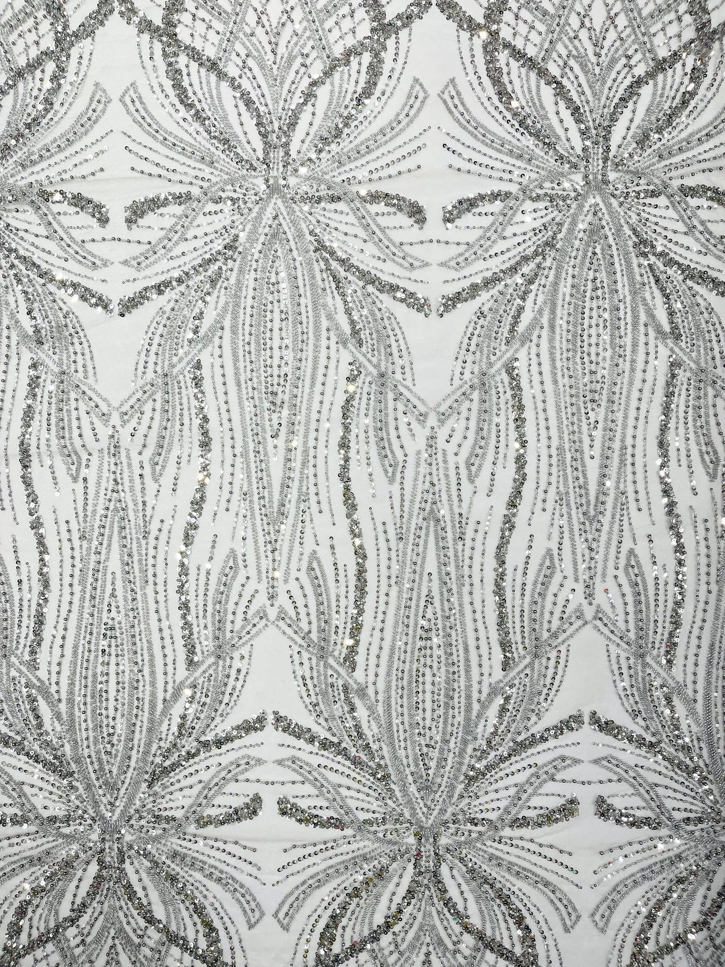 Palm Beaded Lace Fabric| Heavy Embroidered Design on 58" Mesh for Dresses - New Creations Fabric & Foam Inc