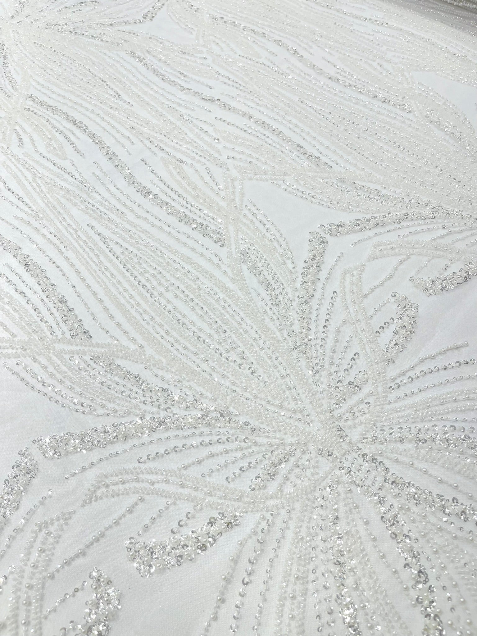 Palm Beaded Lace Fabric| Heavy Embroidered Design on 58" Mesh for Dresses - New Creations Fabric & Foam Inc