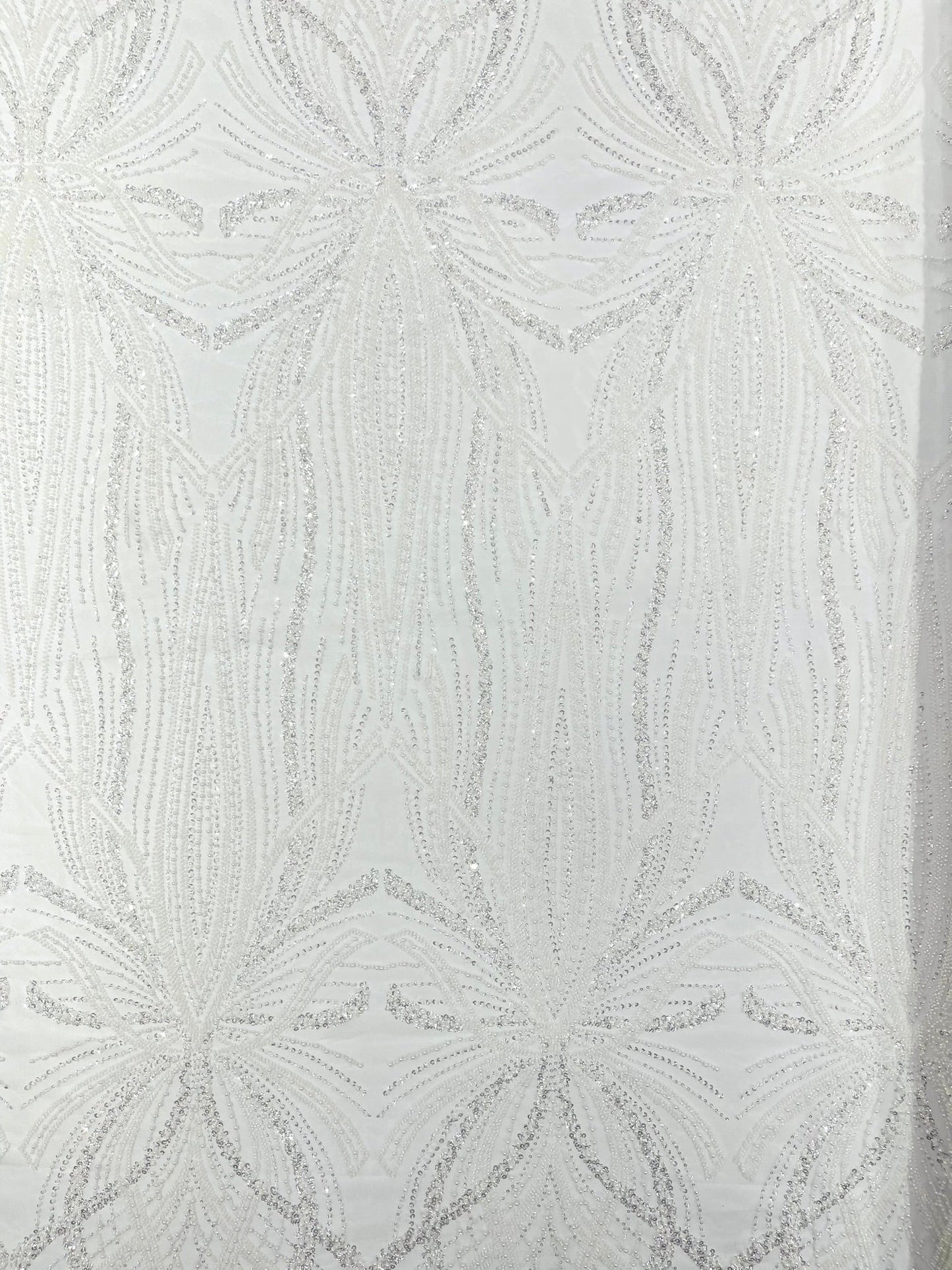 Palm Beaded Lace Fabric| Heavy Embroidered Design on 58" Mesh for Dresses - New Creations Fabric & Foam Inc