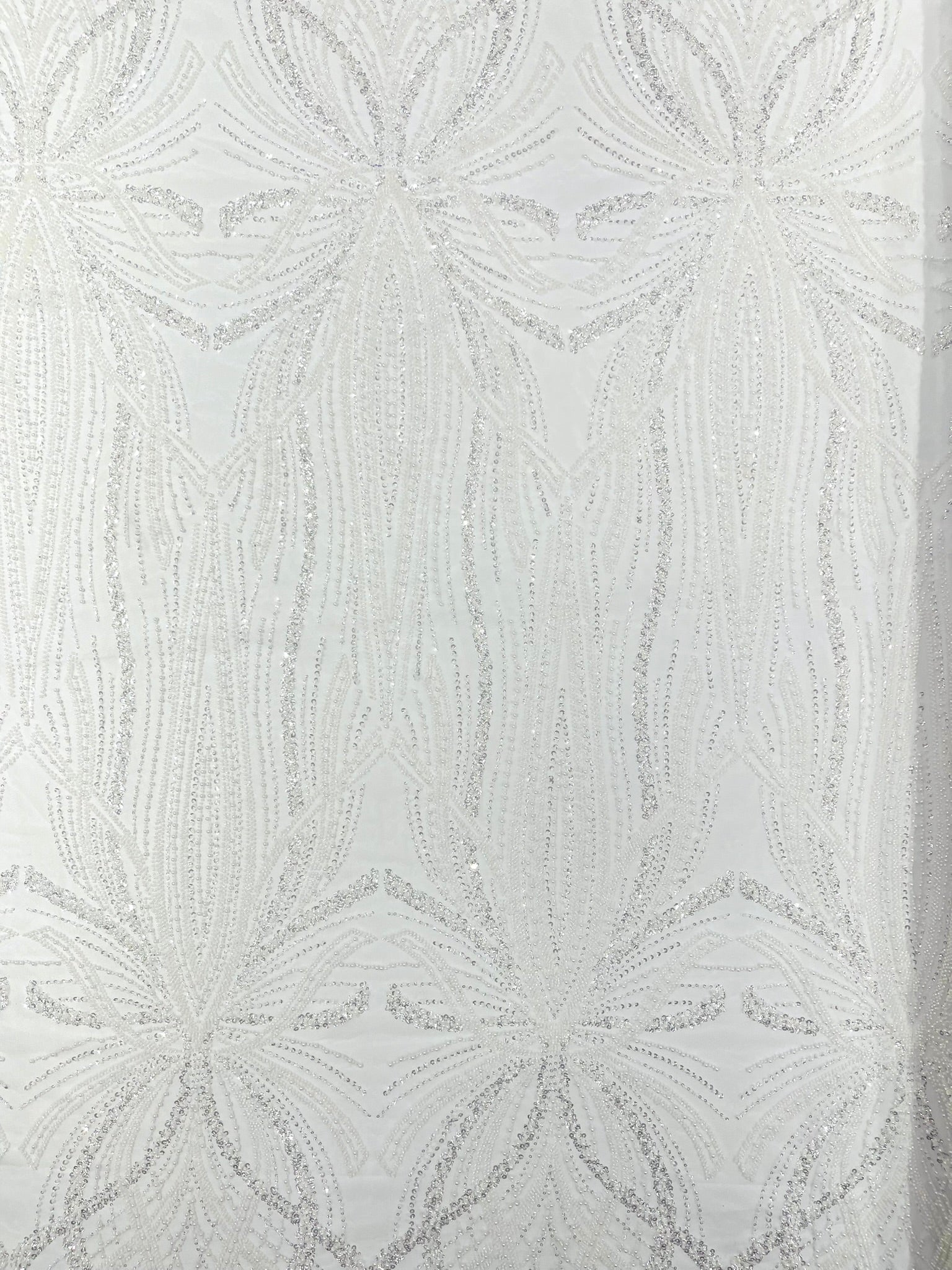 Palm Beaded Lace Fabric| Heavy Embroidered Design on 58" Mesh for Dresses - New Creations Fabric & Foam Inc